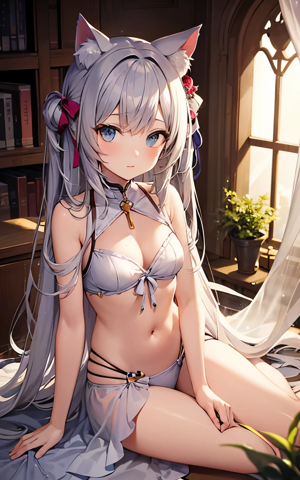 best quality, cute cat ears girl, Cute fantasy world lightly dressed, fantasy house, smooth skin, 