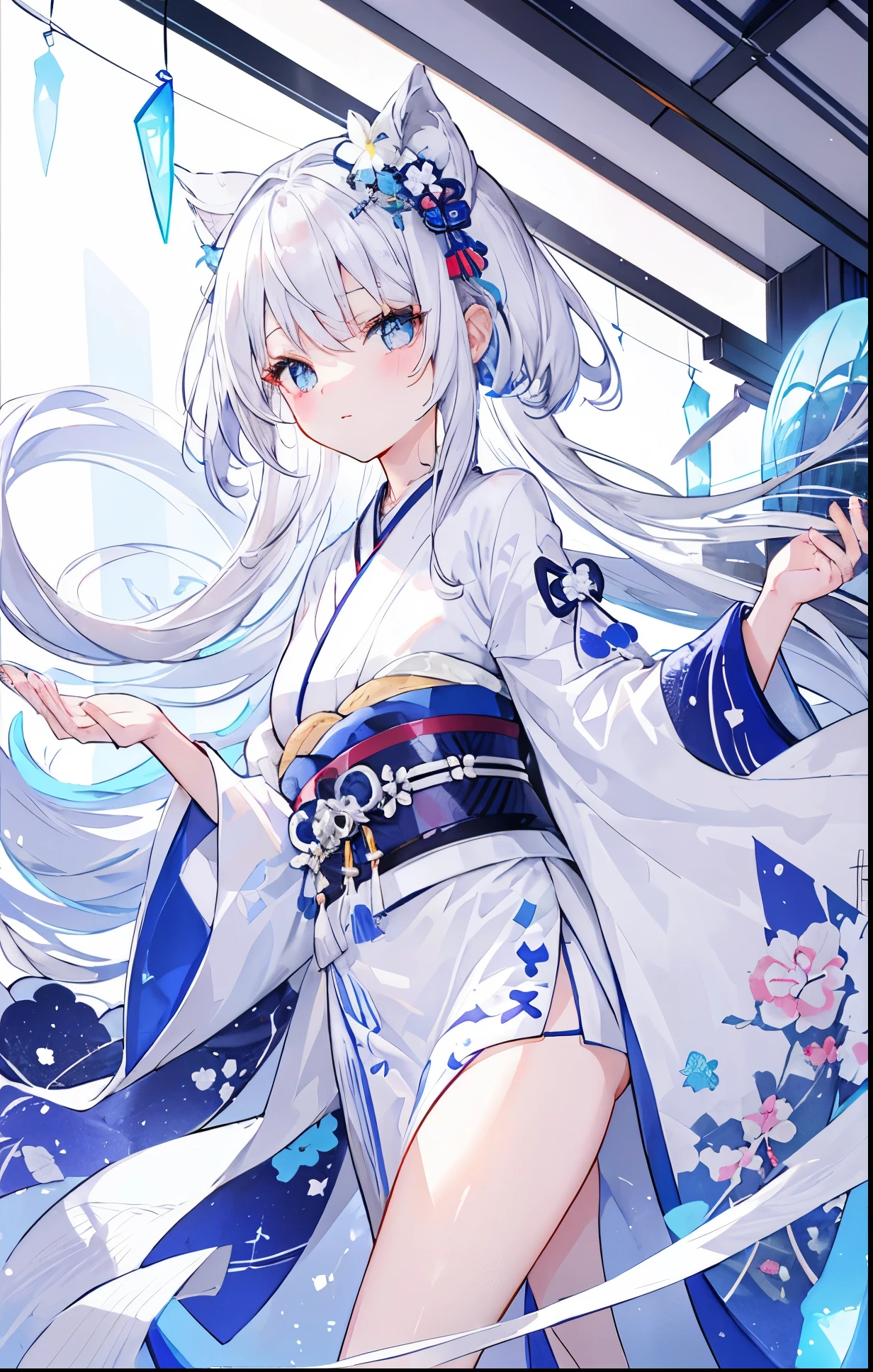 Silver-white hair,pupil,very stunning,Petite and cute sweet girl,White blue Japanese kimono soft and waxy texture,Super cute