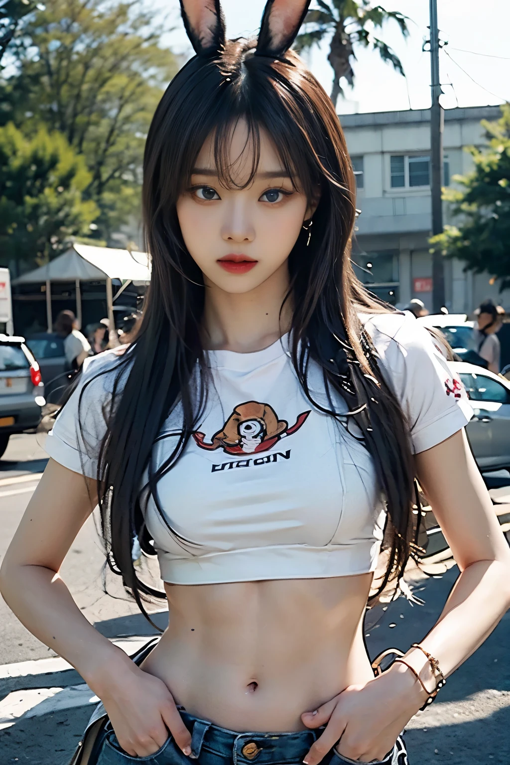 Best quality, masterpiece, ultra high res, (photorealistic:1.4), raw photo, 1girl, earrings, piercing, jewelry, bunny headband, cropped t-shirts, abs stomach, 1girl, long hair, hair bang, blue eyes