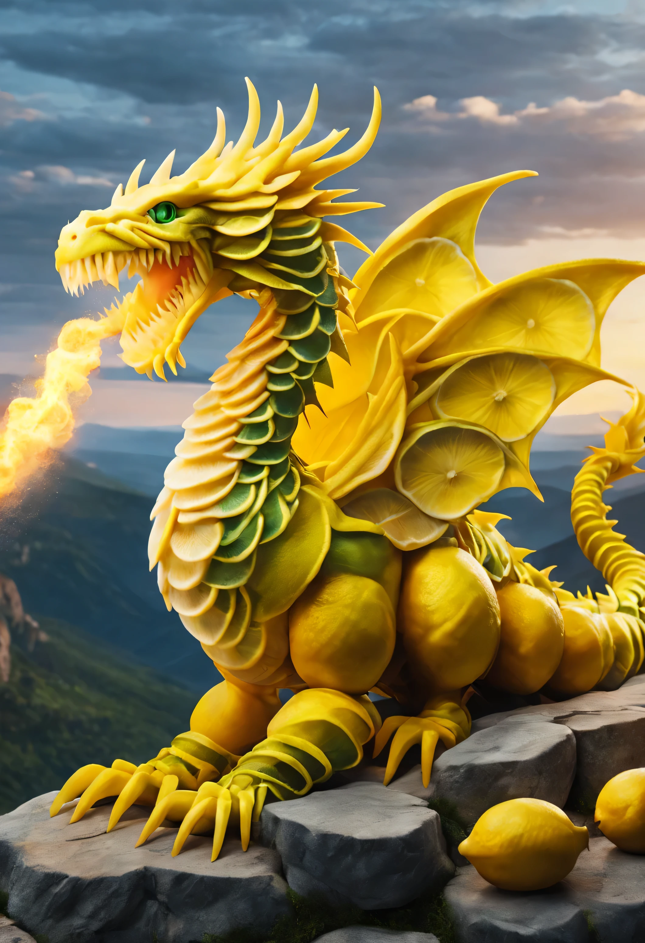 fire breathing magical ais-lmnsgr dragon, Situated on top of a cliff,Overlooking the mysterious valley at sunset