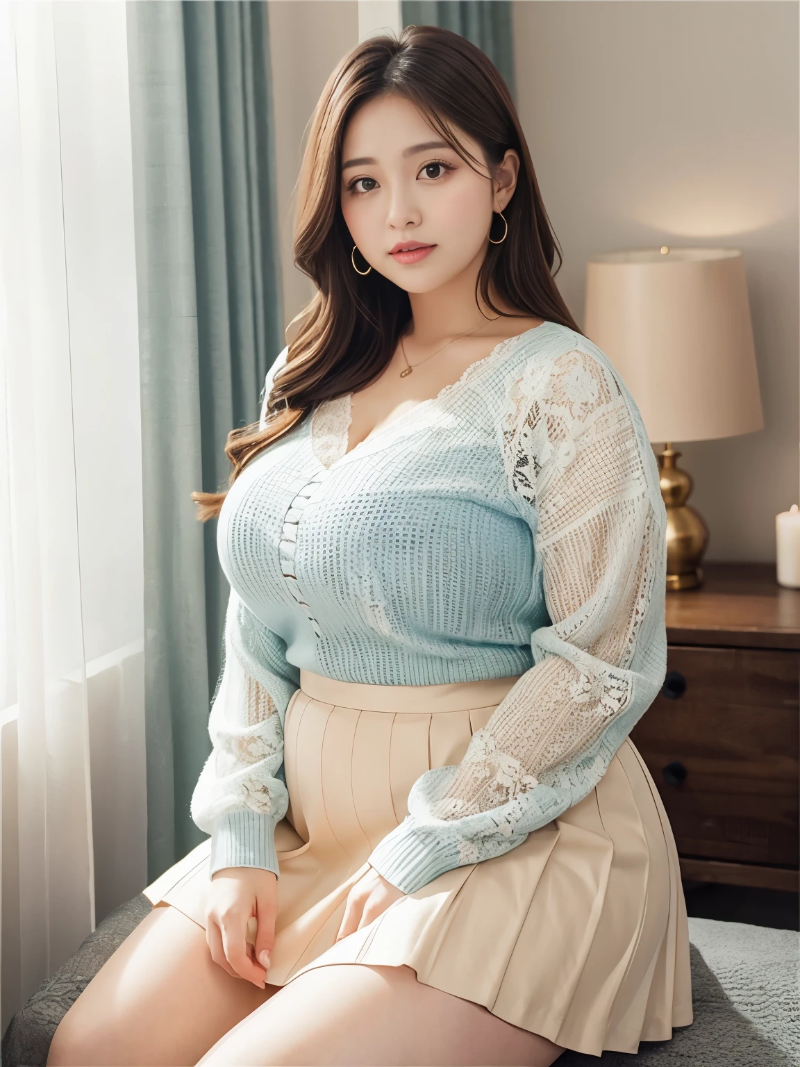 1 girl, obese body type, big breast size, round face, double chin, Overweight, medium hair ,Low V neck long sleeve knit、Transparent lace gauze skirt ，looking at camera，in the room、