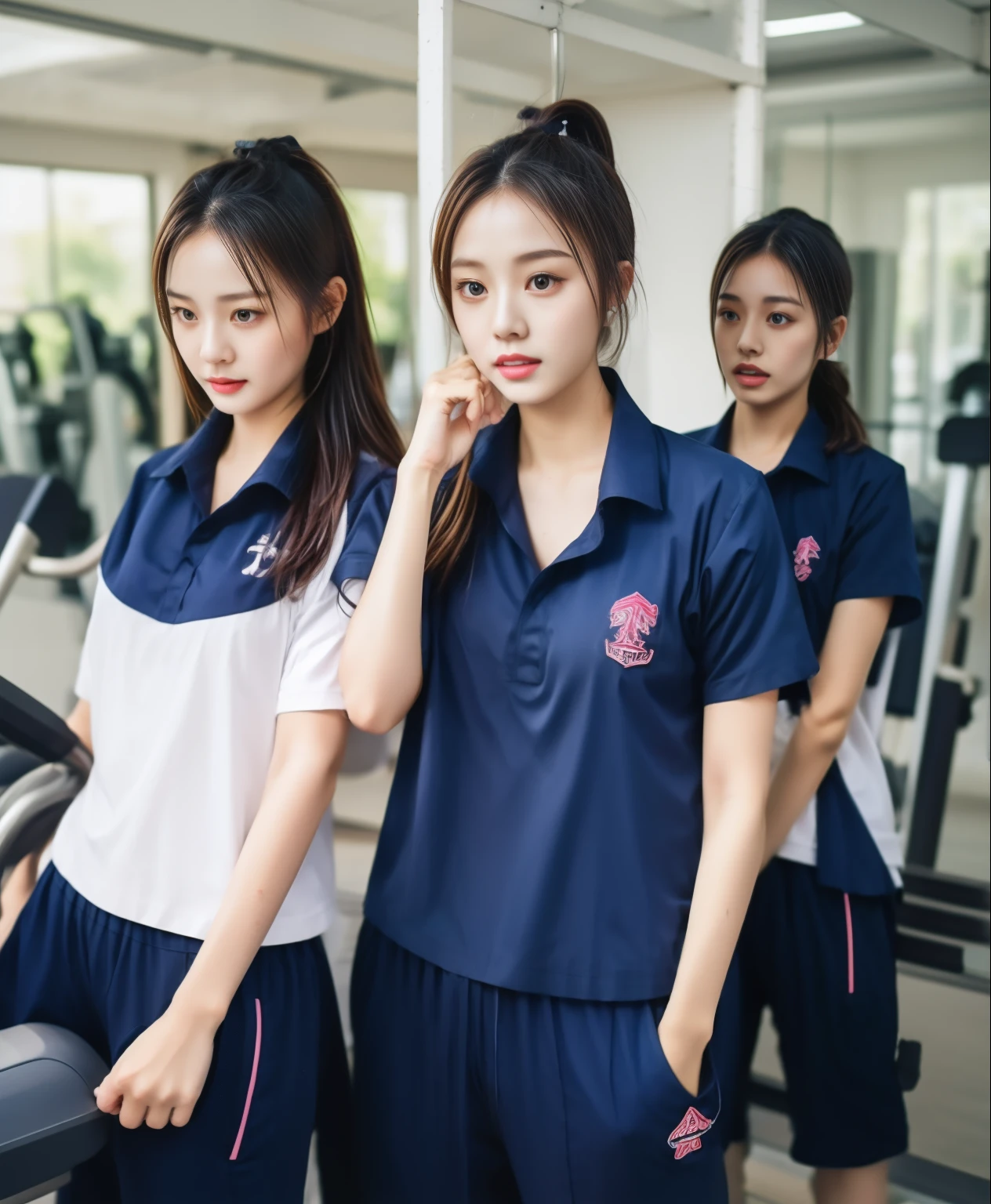 3 girls in fitness center, Navy blue short-sleeved shirt,Navy Long Trackpant,Sweatpants, Sweatpantsขายาว,25 year old girl, lesbian, sexy, exercise clothes, wet body, exercise clothes