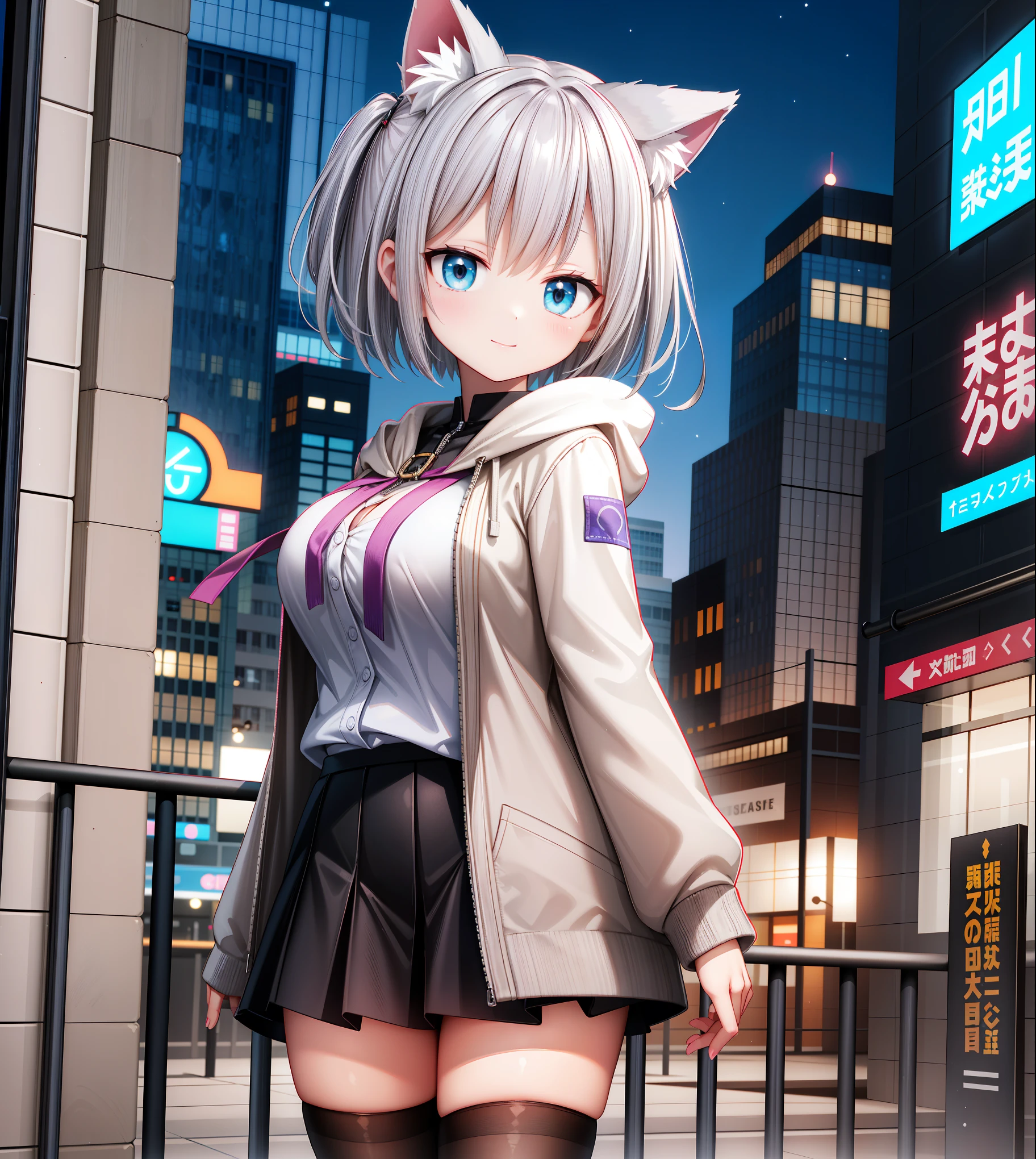 cute,cute, 1 girl, alone, side up short hair, pixie cut, bangs, hair ornaments, silver hair、Cat ear、Odd eyes of purple and jade, index finger, close view, From Adobe, Severe, Oversized cardigan with patch pockets and hood,black tights、Asime Skirt、 big breasts, Breaking the bustling futuristic night metropolis background、A slender and girl、Smiling a little