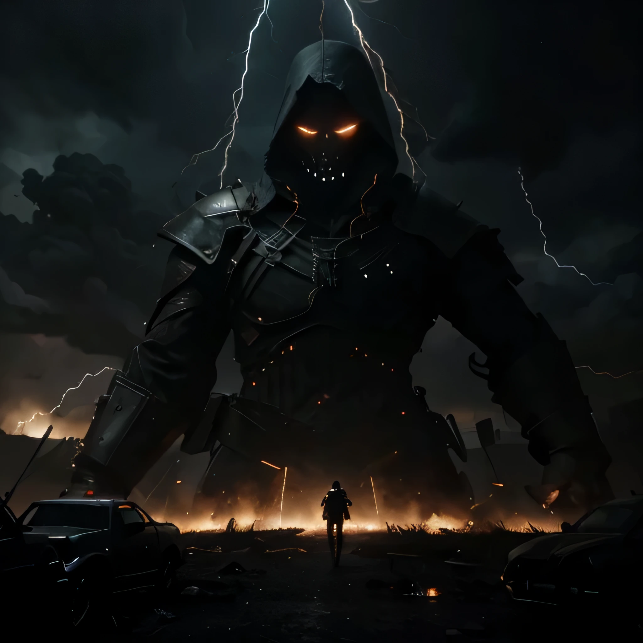 Amidst the ruins of a virtual battlefield, Dark979Spider faces their greatest challenge yet. A towering behemoth of pixels and code looms overhead, its menacing gaze fixed upon our hero. Dark979Spider, undaunted by the odds, stands ready to defend their community with unwavering resolve. Lightning crackles in the sky, illuminating the scene with dramatic intensity as the fate of the gaming world hangs in the balance.