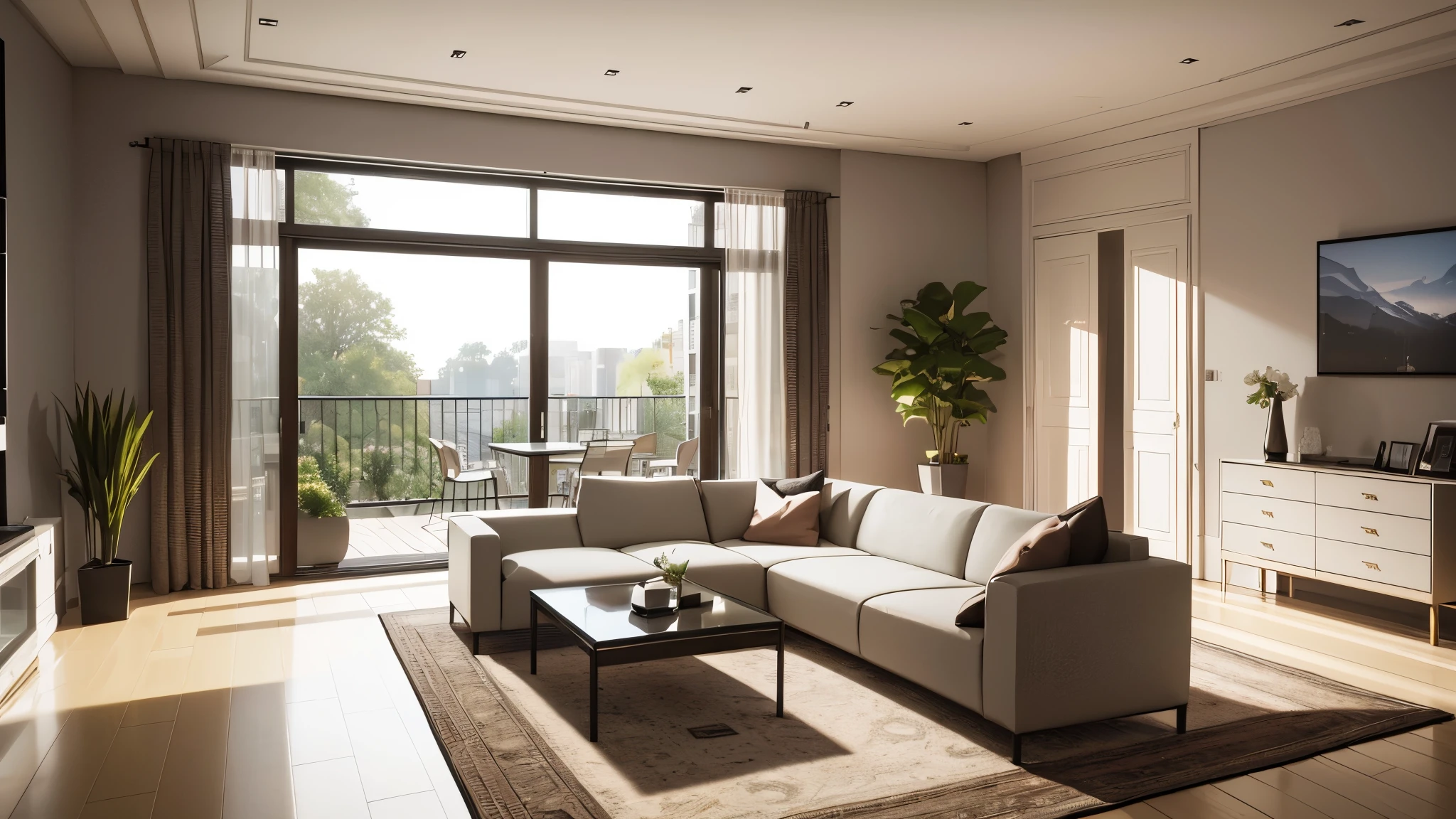 You are a famous interior designer、You have been asked to create a 3D image of a modern large room. Create a harmonious environment with modern and minimalist furniture. Including garden interior.