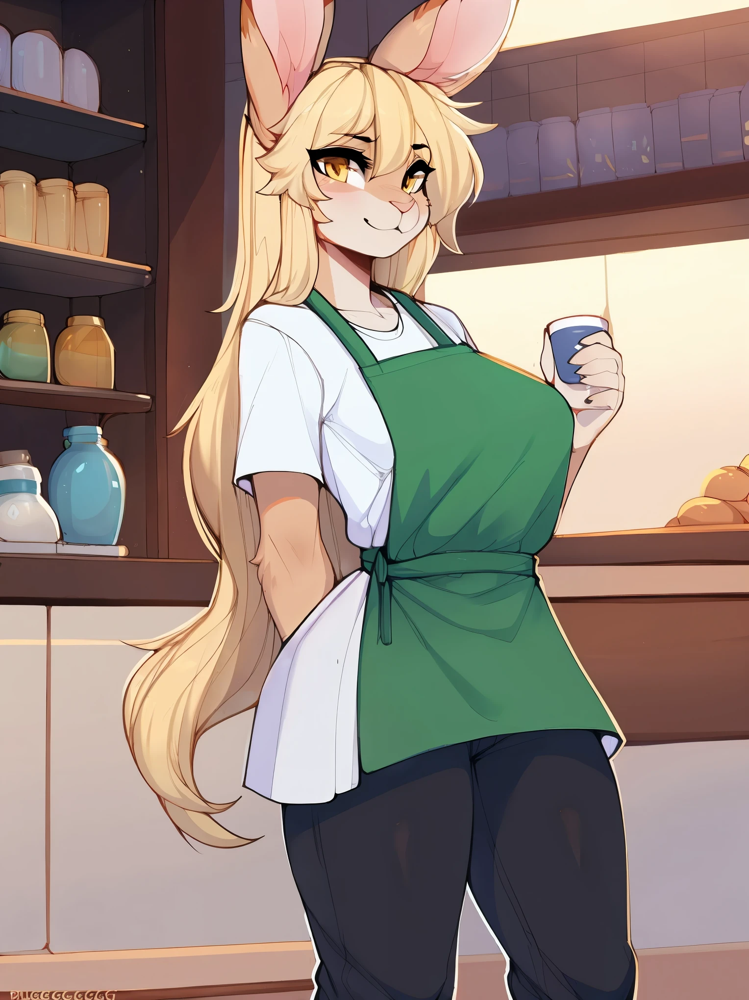 (highly detailed), ((Masterpiece)), ((Best Quality)), by claweddrip, by ressue, by pudgeruffian, by fleet-foot, by thericegoat, solo, female, rabbit, rabbit tail, (lop ears:1.1), blonde hair, long straight hair, beige fur, yellow eyes, bright eyes, medium breast, ((white shirt)), ((green apron)), ((black pants)), market scenery