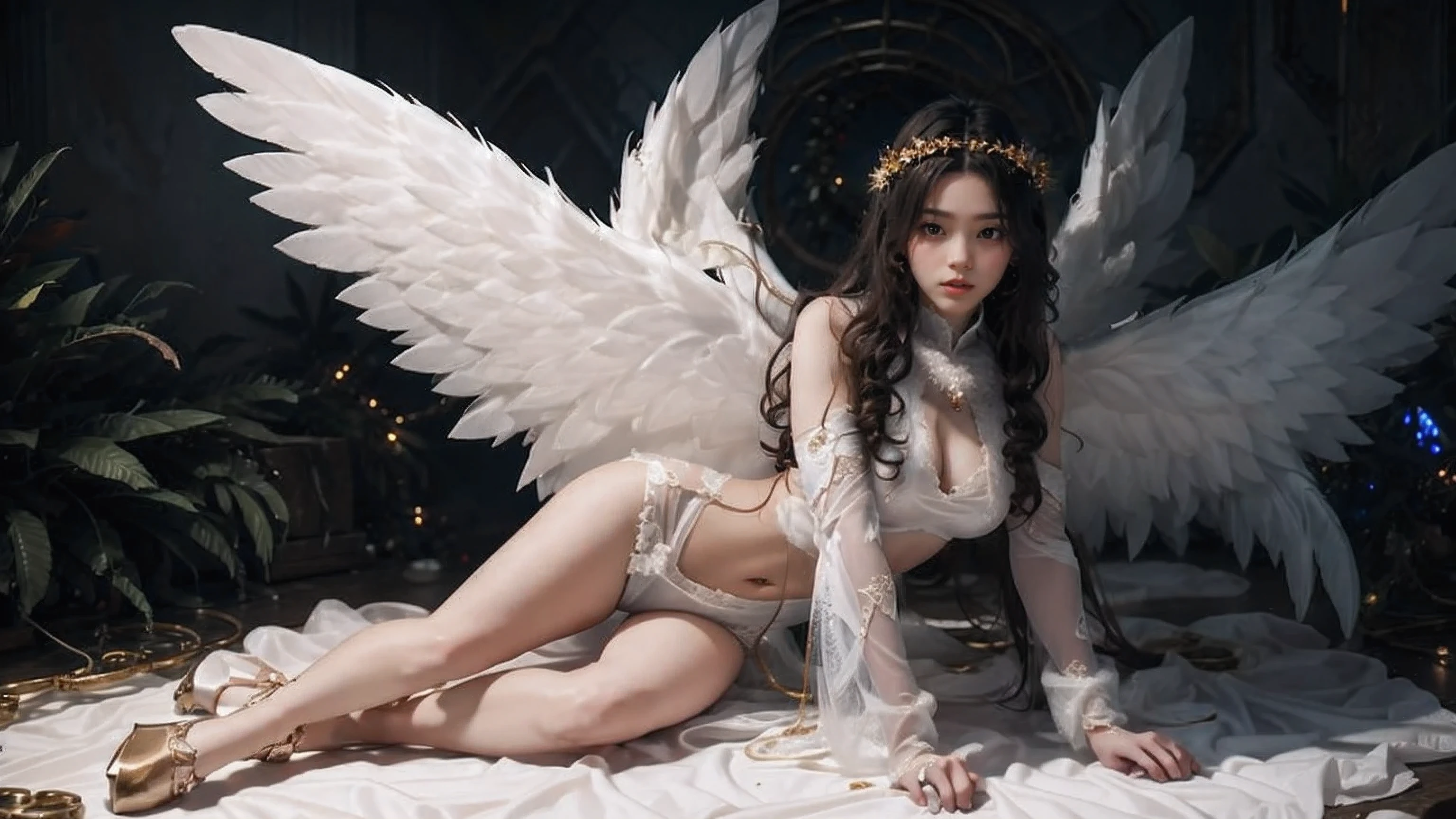 Full body digital portrait of a beautiful crystal christmas angel lit from within, nightcore, soft colors illumination, epic atmosphere, wide shot, Unreal Engine 5, trending on ArtStation