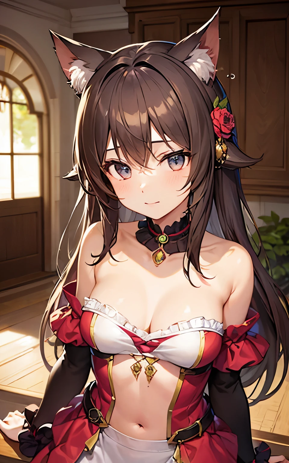 best quality, cute cat ears girl, Cute fantasy world lightly dressed, fantasy house, smooth skin, 