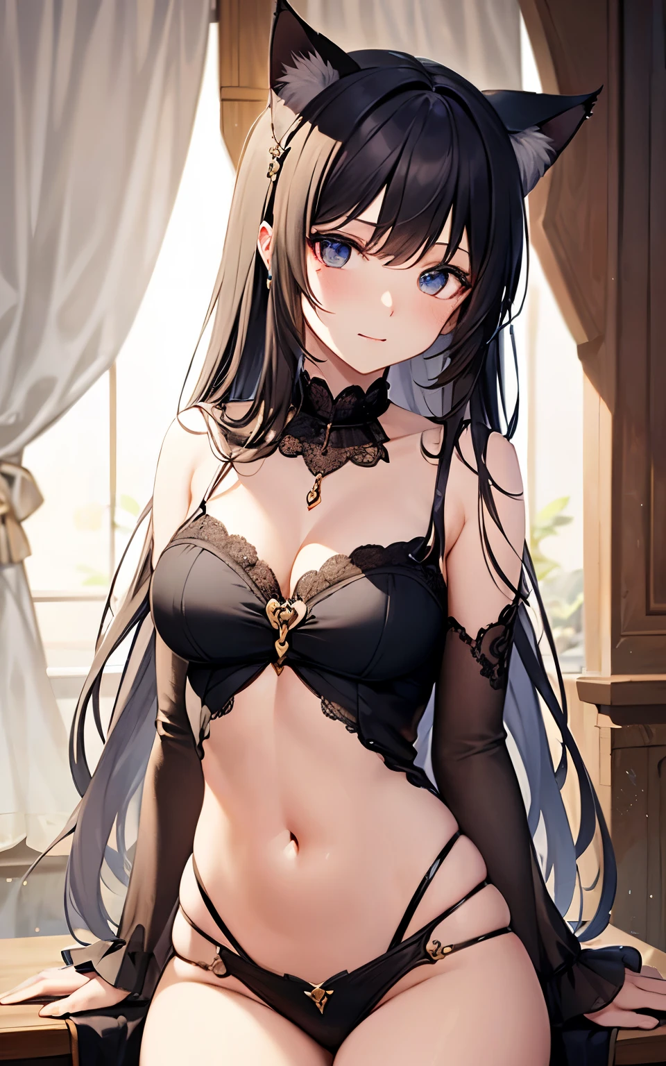 best quality, cute cat ears girl, Cute fantasy world lightly dressed, fantasy house, smooth skin,