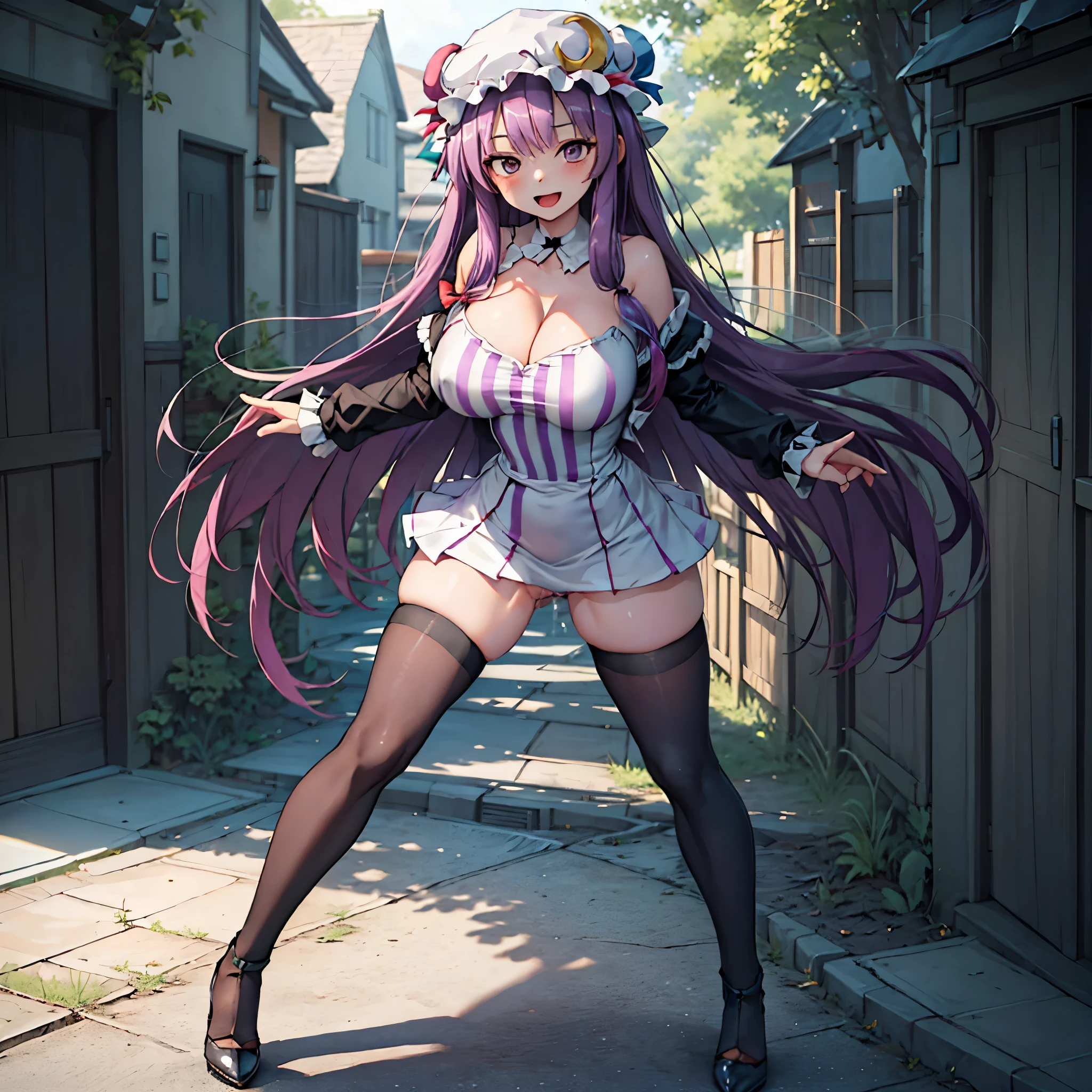 (Patchouli toho character), (standing at lakeside forest), outside, (standing with open legs wide:1.6), (arms behind back), (bending back), tiptoe, pigeon toed, BREAK, (disproportionately gigantic huge breasts:1.2), cleavage, inconceivably thin waist, very short torso, (thin long legs apart:1.23, BREAK, very short miniskirt, thigh gap, (black thighhighs:1.2), highheels, BREAK, smile for viewer, open mouth, nose blush, full body, (pussy juice)