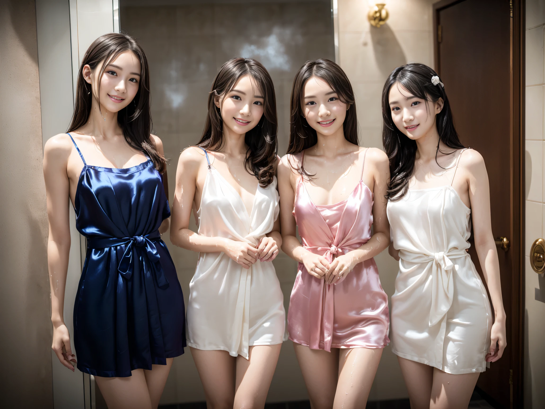 (Highschool girls inside royal bathroom:1.4, wet, 15 years old, cute faces:1.5, triangular face, scrub with towel, silk sheets, shower on background, spa, steam:1.4), looking at viewer, ((reverence:1.3, affection:1.1)), shy smile, open mouth, silky skins, natural makeup, glossy lips, group shot, (show :0.5), (wearing identical silk chemise dress:1.5, see through:0.8, no underwear), (naked :0.2), (3 girls:1, perfect style), ((slender body)), (raw photo:1.4),(( legs wide open, ribbons)), (gentle light, 8k, raw photo, idol), BIBE