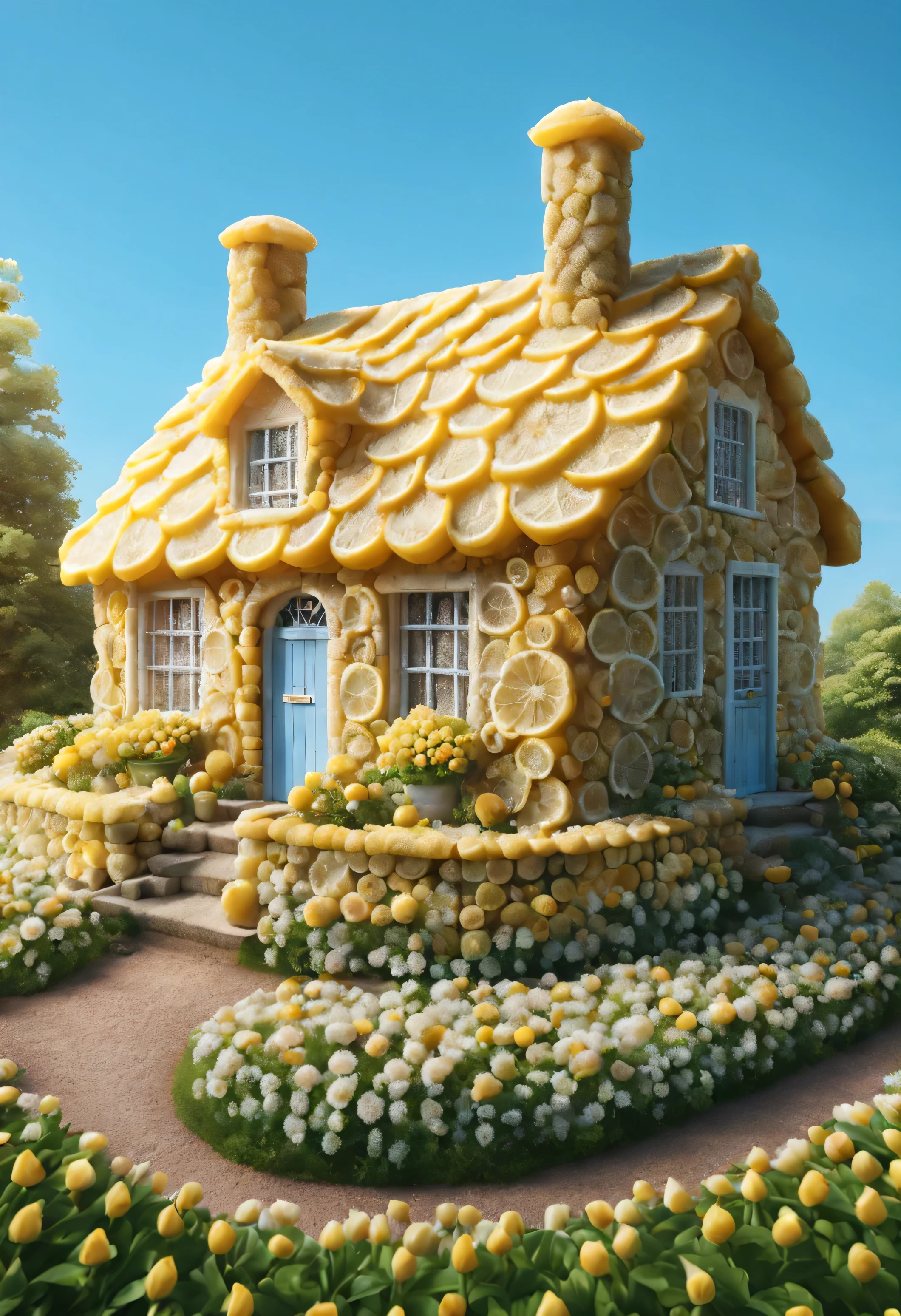 quaint british cottage built by ais-lmnsgr, Under clear blue sky,Surrounded by a garden of blooming ais-lmnsgr flowers