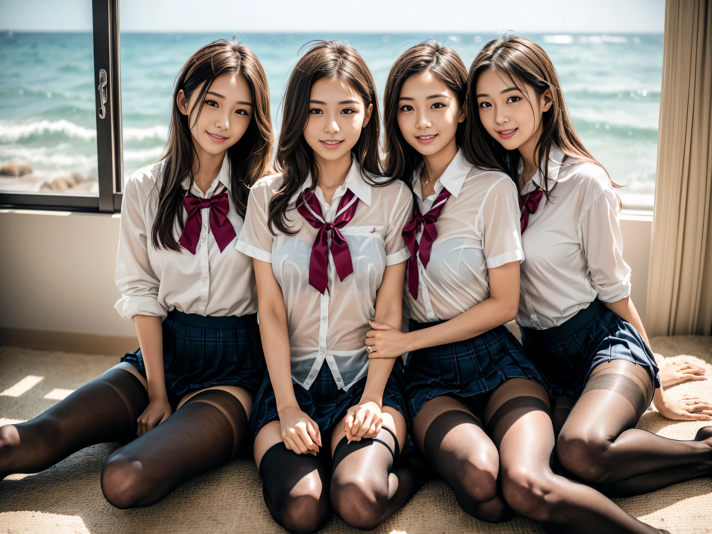 (High girls inside suite room:1.4, 17 yea faces:1.5, triangular face, sitting on gorgeous bed), looking at viewer, ((embarrassed:1.3, smile:1.1)), shy smile, open mouth, silky skins, natural makeup, glossy lips, group shot, (sexual suggestive:0.7), (identical school uniform:1.5, white shirt open chest, see through , both hand on breast:1.24), (naked :0.2), (3 girls:1, perfect style, full body), ((slender body)), (pleated plaid skirt, show panties), (raw photo:1.4),(( legs wide open, ribbons, pantyhose:1.2)), (gentle light, 16k wallpaper, raw photo, idol), BIBE, (wide window with ocean scenery, expensive furniture:1.3, sheets on floor:1.4, flowers in planter)