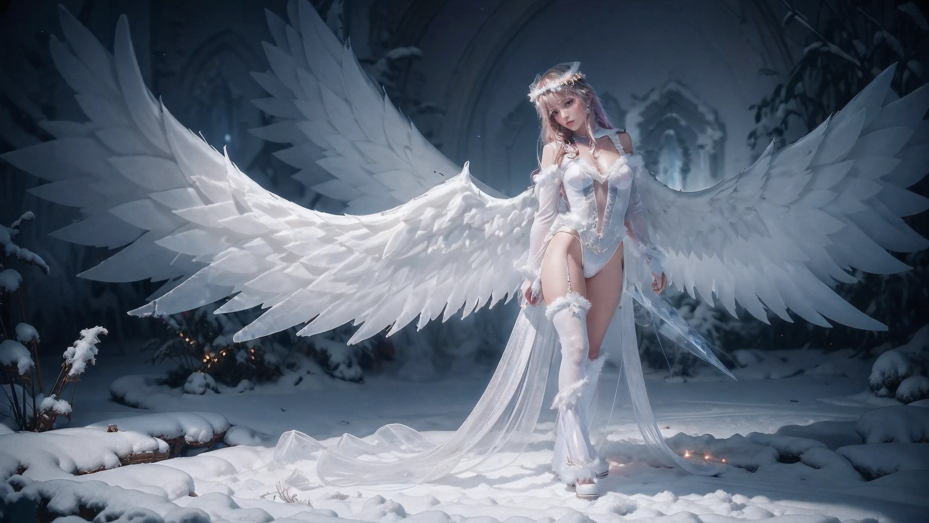 Full body digital portrait of a beautiful crystal christmas angel lit from within, nightcore, soft colors illumination, epic atmosphere, wide shot, Unreal Engine 5, trending on ArtStation