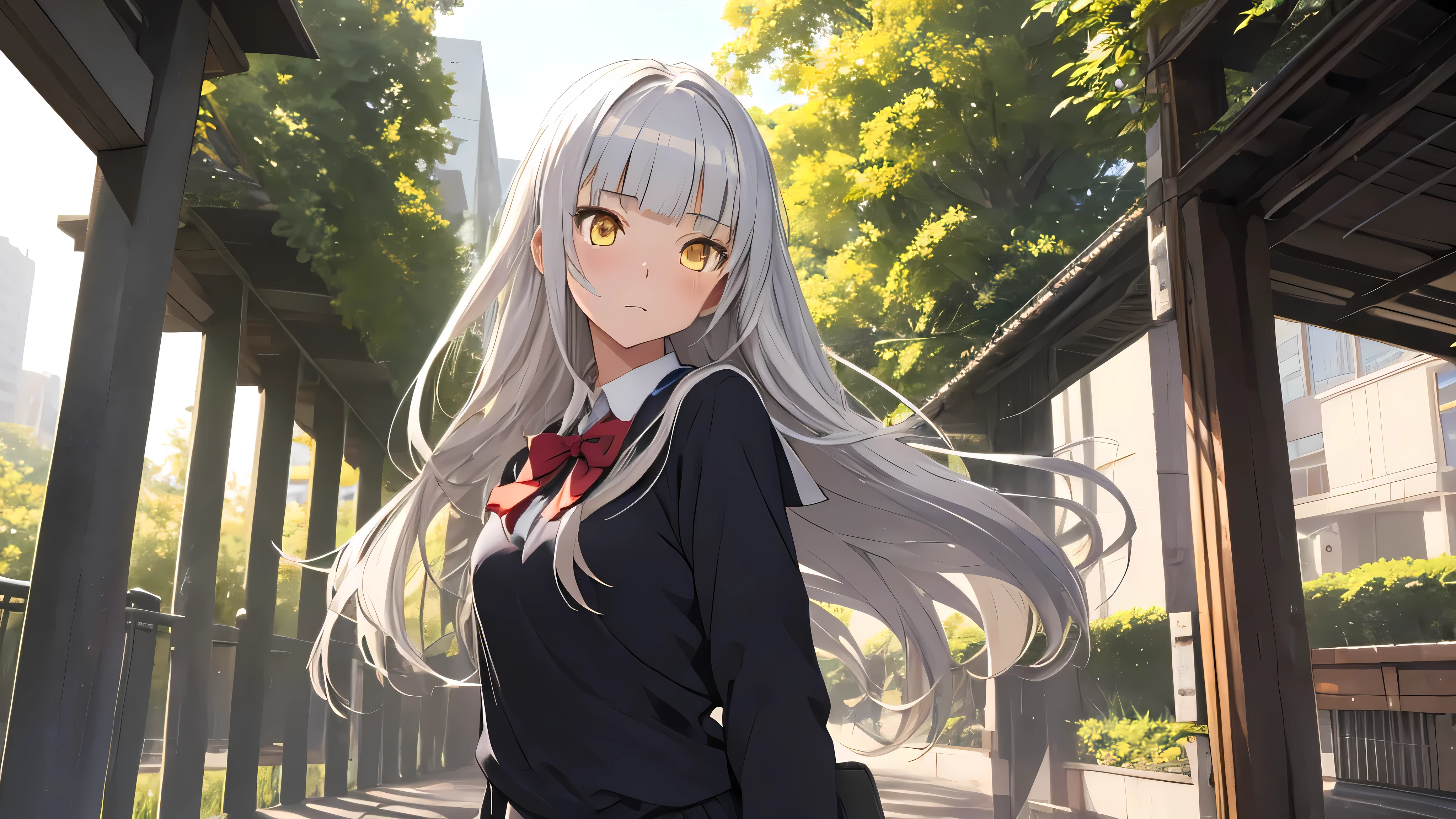 1girl, yellow eyes, style novel, dash isekai anime, long silver hair, blunt bangs, school uniform, super detailed, em Floresta