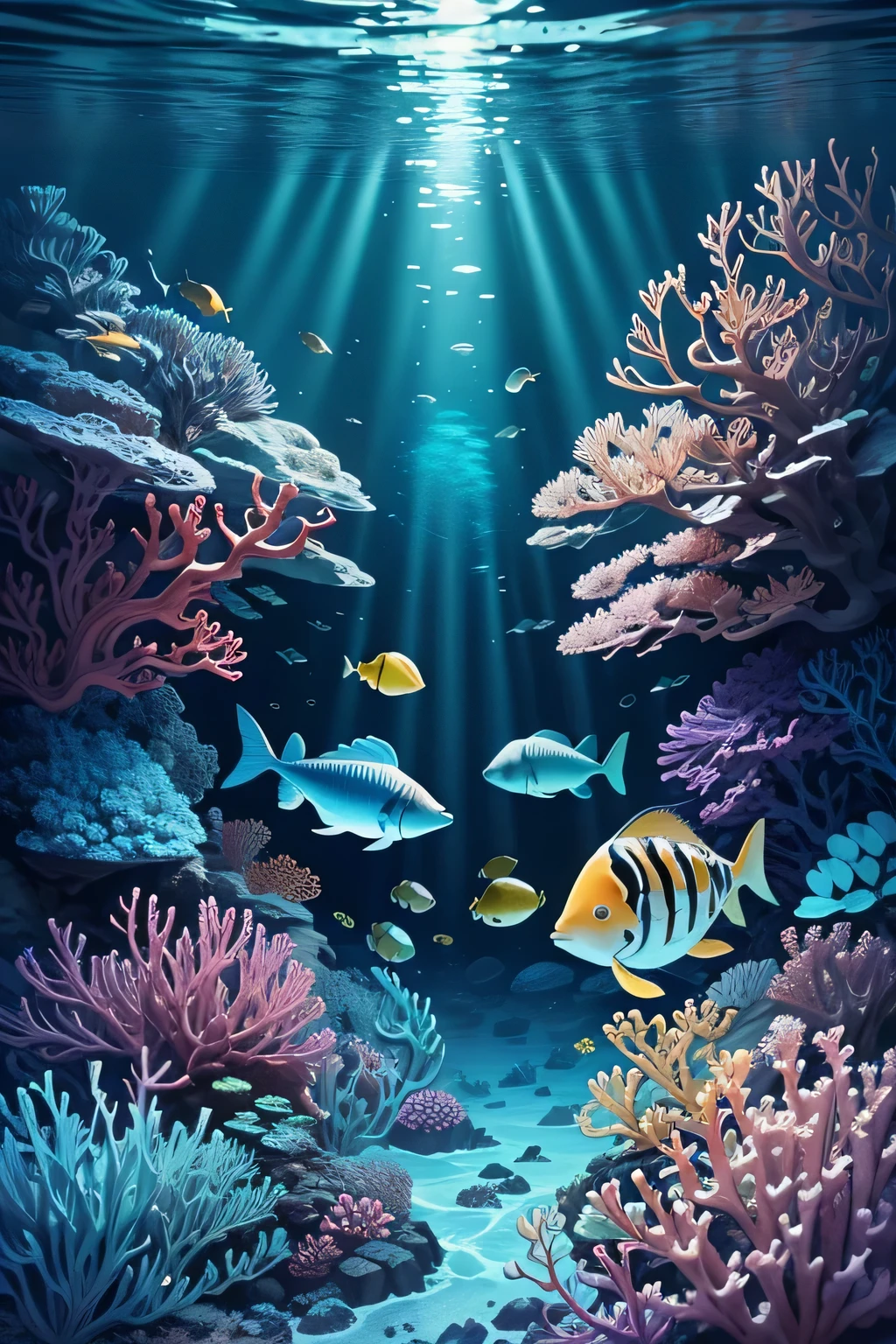 Illustrate the diverse underwater world beneath the icy surface of Antarctica. Highlight the marine life, from colorful fish to unique sea creatures, coexisting in the cold depths.
Keywords: Underwater ecosystem, marine life, colorful fish, unique sea creatures, coexistence, cold depths.