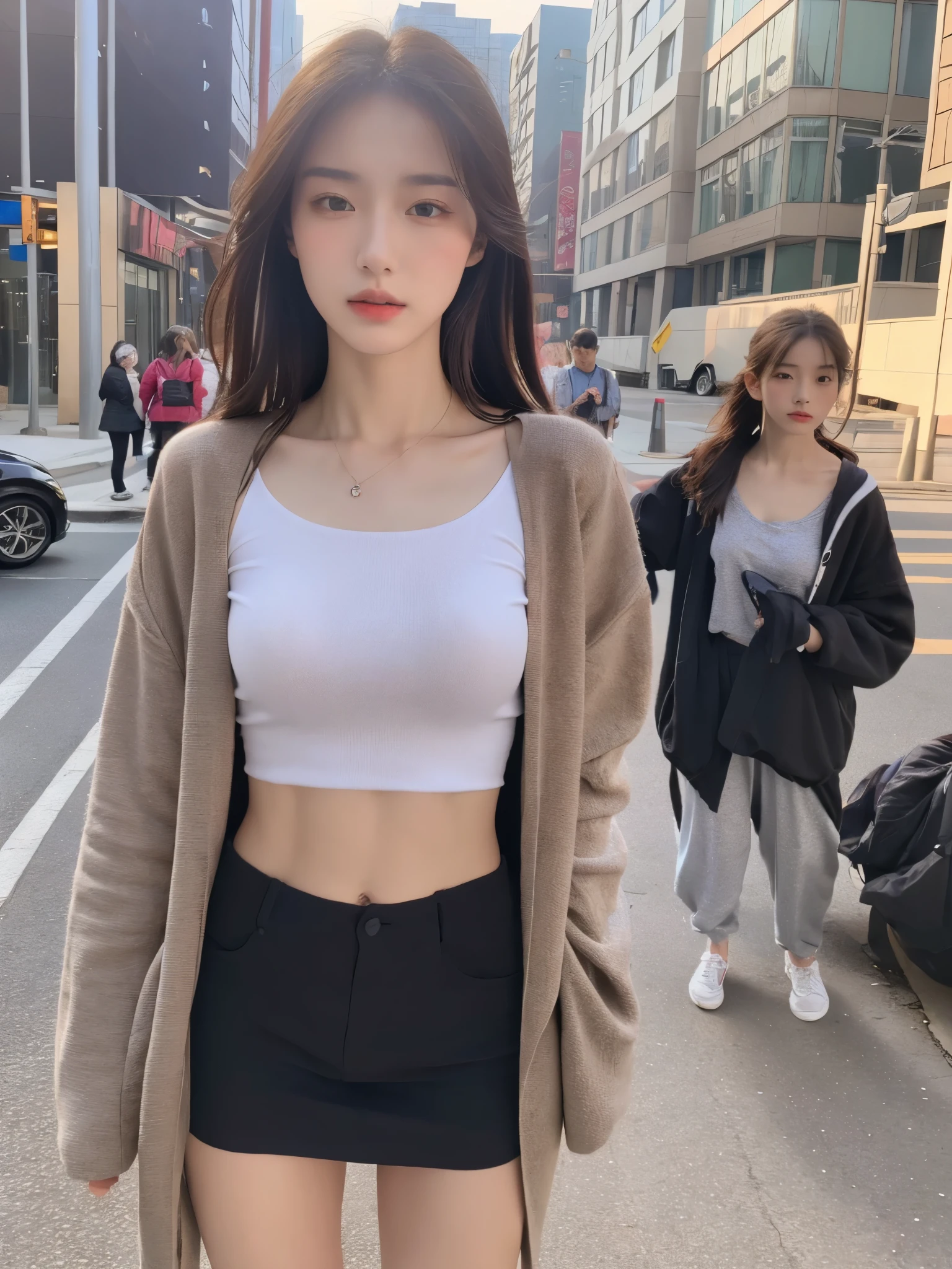top quality、ultra high resolution、(real picture:1.4)1 girl in、beautiful woman,Has prominent slender abdominal muscles:1.3、small clothes:1.2、On the street、Super detailed face、exquisite eyes、double eyelids、Photographed while walking on the street、Vision
