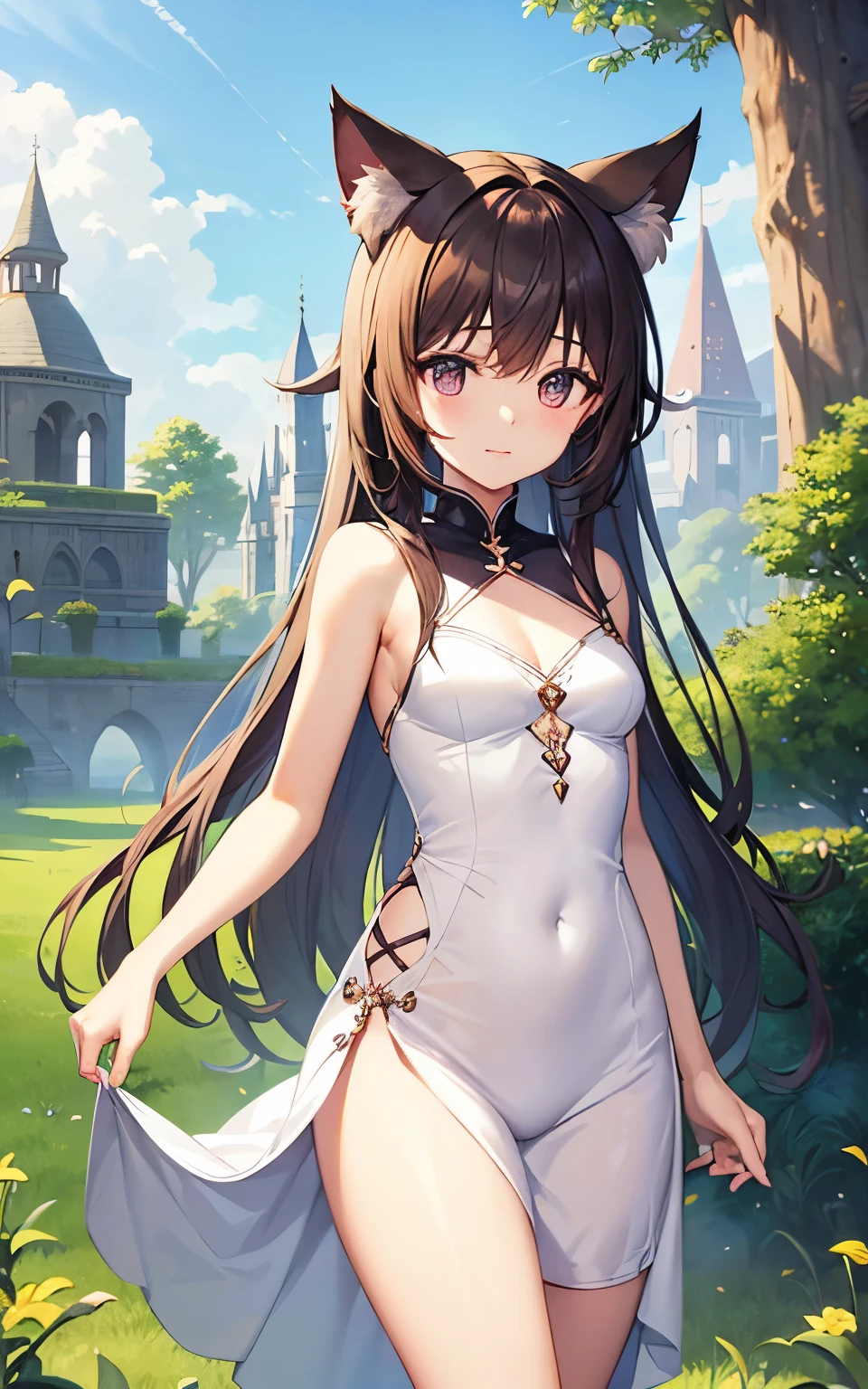 best quality, cute cat ears girl, Cute fantasy world lightly dressed, fantasy outdoor, smooth skin, 