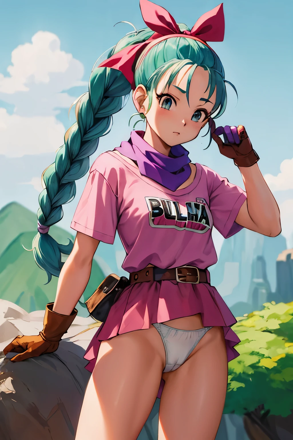masterpiece, top-quality, hight resolution, dragon balls, blmpony, aqua hair, Hair Ribbon, braided ponytails, Pink shirt, a belt, scarf, Pink skirt, Writing on clothes, Brown gloves, medium chest, plein air, cowboy shot, nsfw,white (panties)