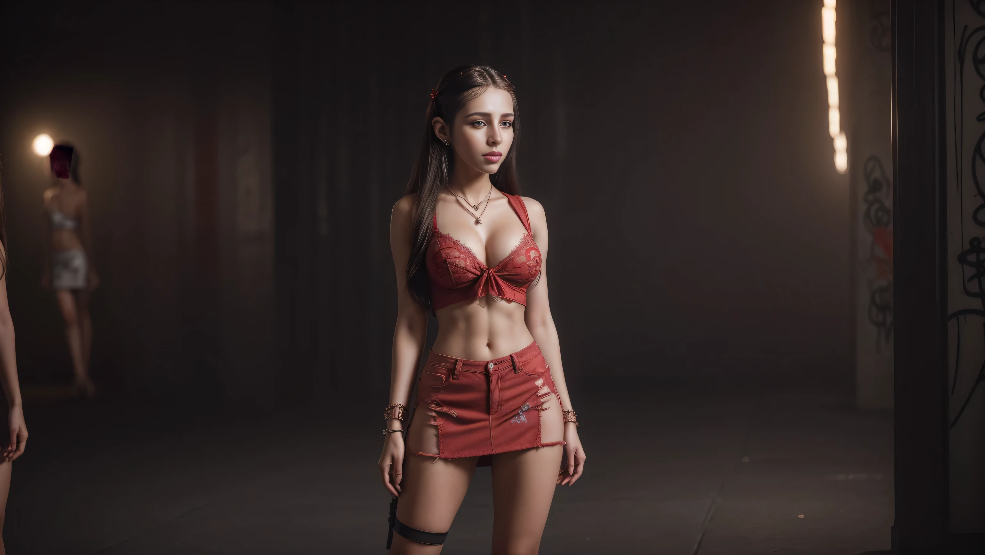 8k, masterpiece, RAW photo, best quality, photorealistic, extremely detailed CG unity 8k wallpaper, Depth of field, Cinematic Light, Lens Flare, Ray tracing, (extremely beautiful face, beautiful lips, beautiful eyes), intricate detail face, ((ultra detailed skin)), (((1girl:1.9)), ((alone:1.9))), ((seductively standing pose)), (fantasy art:1.2, beautiful and aesthetic:1.2), deep shadow, (sharp focus), [((Raiana-Elizabeth-Dilla:1.9))], pretty girl, (very slim slender fit-muscled body:1.9), ((beautiful legs:1.4)), (big smile:1), (sexy ((see-through)) ((ultra-short ((red:1.4)) punk-style clothes))), (seen at a glance without panty:1.4),((ultra-short miniskirt:1.4)),((ripped jeans miniskirt:1.4)),((graffiti art:1.5),(modern night life:1.9)), earrings, bracelets, necklace, red pendant, clear eyes, (pale skin), (face forward), ((whole-body-view)), ((full-body:1.8, cinematic shot)), soft lighting, (long black hairs), (looking at viewer:1.8), cleavage breasts, (large breasts:1.4), highly detailed, ultra realistic, extremely detailed and realistic ((red:1.5)) clothes.