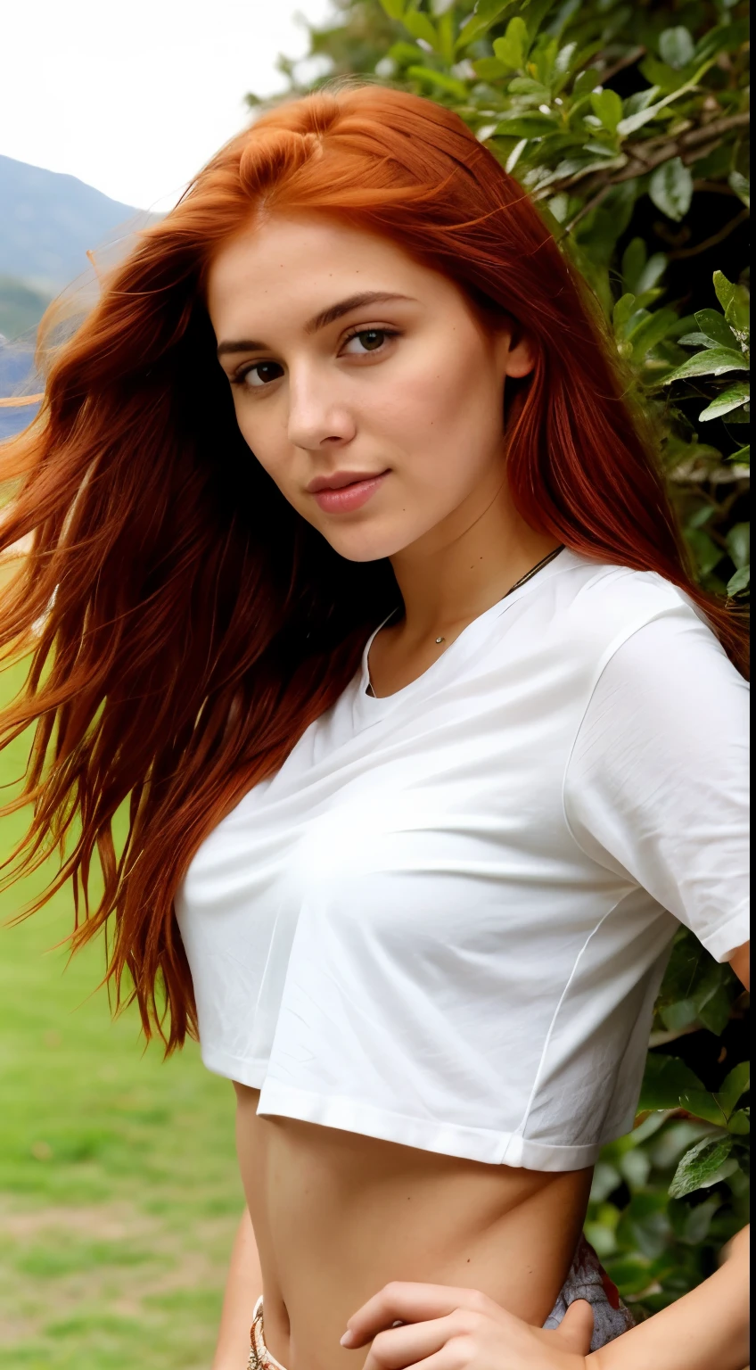 A 23-year-old red-haired woman, ((pechos grandes)), ((hiperrealismo)) ,. Red hair with light brown roots. cabello rojo, Hair with brown roots, cabello extra largo, cabello muy largo, Cabello muy largo, hermoso, vista frontal, autofoto, Foto tomada con iPhone, elegante camisa negra con escote, escotada, autofoto in the garden, alta calidad, autofoto iPhone, escote