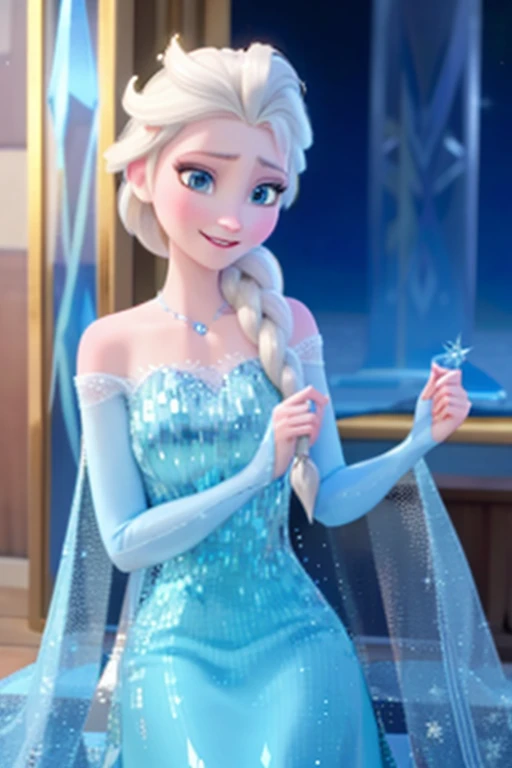 elsa of arendelle, blue ice dress, single braid, smile