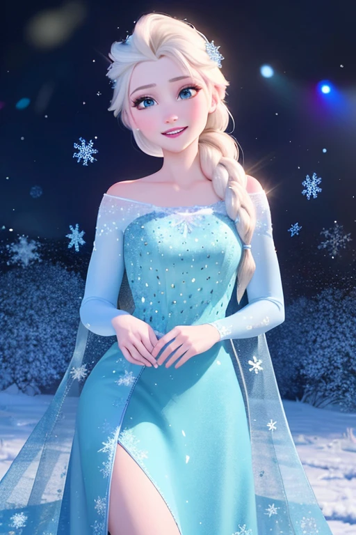 (best quality,4k,8k,highres,masterpiece:1.2), ultra-detailed, realistic:1.37, HDR, UHD, studio lighting, extreme detail description, professional, vivid colors, bokeh, portraits, Elsa of Arendelle, blue ice dress, single braid, beautiful detailed eyes, beautiful detailed lips, extremely detailed eyes and face, long eyelashes, smile, icy background, snowflakes, shimmering ice shards, magical atmosphere
