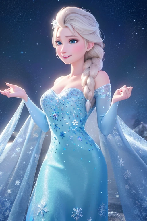 (best quality,4k,8k,highres,masterpiece:1.2), ultra-detailed, realistic:1.37, HDR, UHD, studio lighting, extreme detail description, professional, vivid colors, bokeh, portraits, Elsa of Arendelle, blue ice dress, single braid, beautiful detailed eyes, beautiful detailed lips, extremely detailed eyes and face, long eyelashes, smile, icy background, snowflakes, shimmering ice shards, magical atmosphere