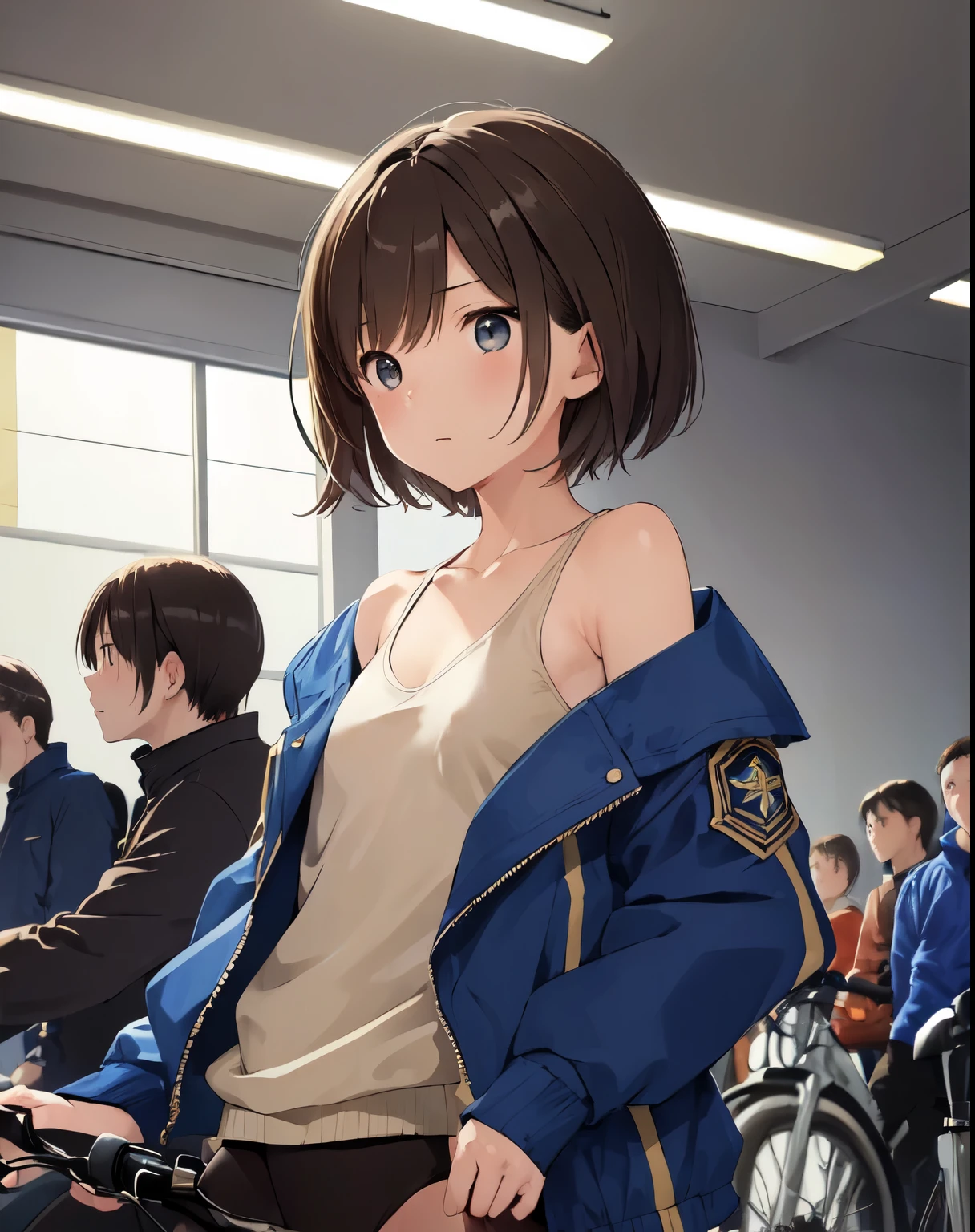 (((masterpiece))), Shizuka Mikazuki, 1 girl, alone, looking at the audience, short hair, brown hair, long sleeves, split, medium breasts, Keep your mouth shut, clavicle, jacket, open clothes, open jacket, blue jacket, groundvehicle, exercise well, bikes,