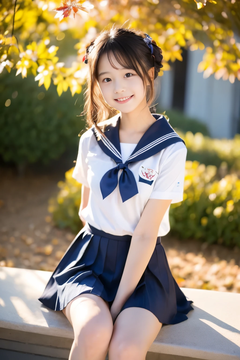 (((masterpiece，Super high resolution, realistic, super detailed, 8K,highest quality))),  (one beautiful japanese girl, innocence) ， detailed background，slender body shape，(bun hair), (baby face，Cute type，adorable 12 year old girl)， (perfect body:1.1),  (Japanese high school girl uniform，sailor suit，navy pleated mini skirt)，enjoy，smile，small gravure idol，transparent skin，Beautiful autumn scenery can be seen from the window，soft lighting，cute pose