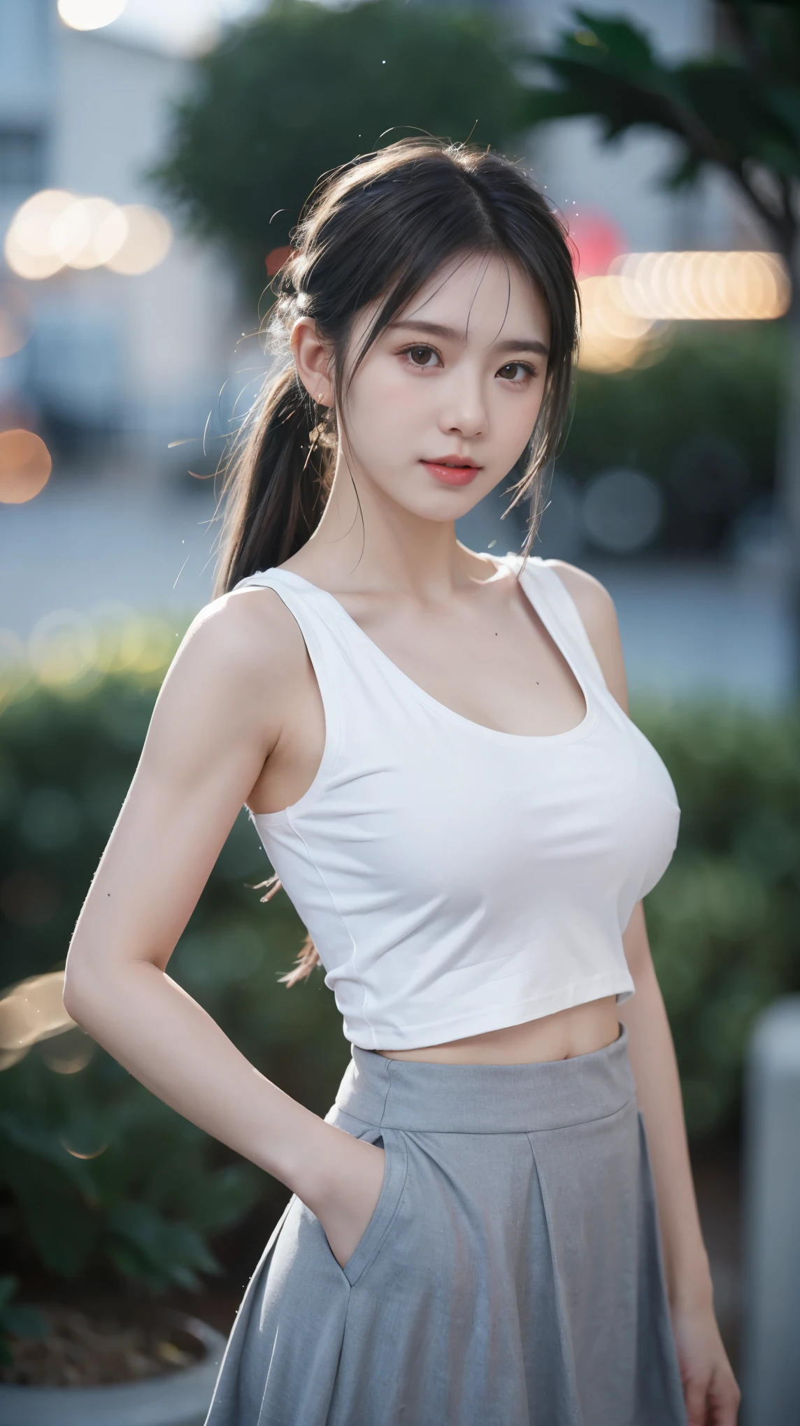 1 girl, beautiful, baby face, 20 years old, White skin, split, sleeveless, Global High School + skirt, ((muscle:1.3)), Urban outdoors, gray hair, lol, Hands next to hips, Grey double ponytail, ((Breast size:1.3)), ((Bokeh:1.3)), ((Lovely:1.1)), ((masterpiece:1.1))