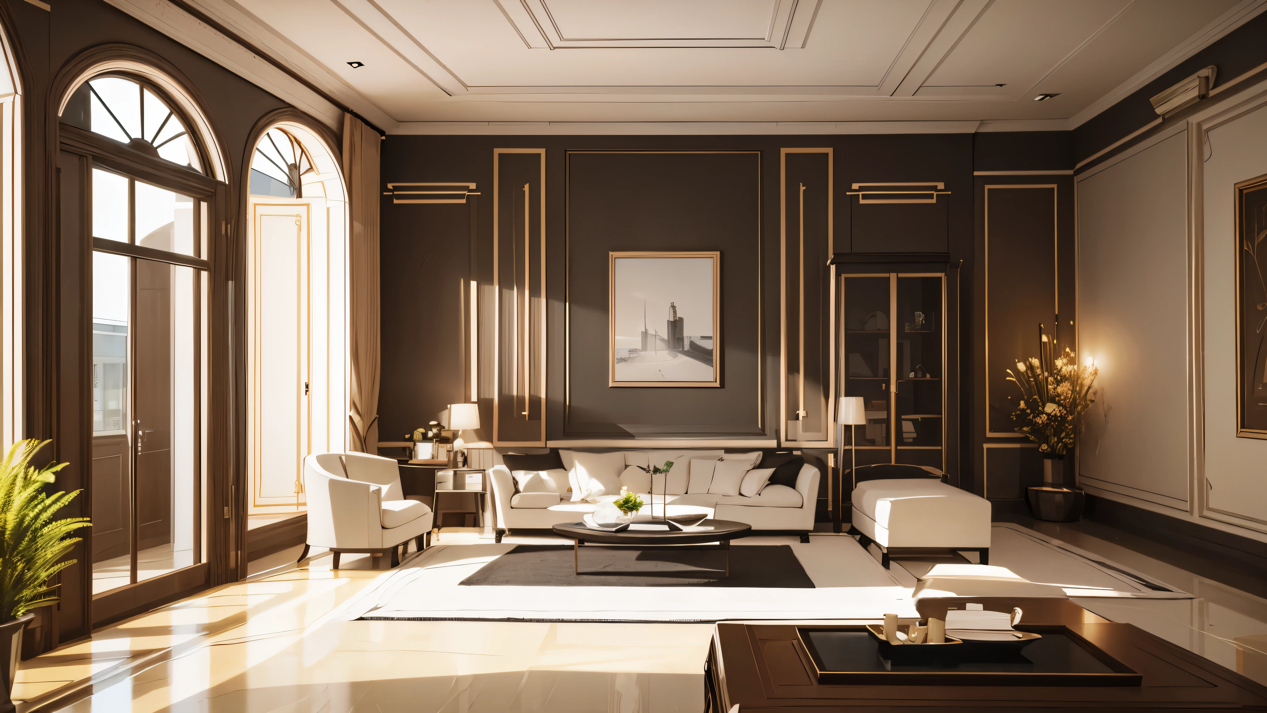 You are a famous interior designer、You have been asked to create a 3D image of a modern large room. Create a harmonious environment with modern and minimalist furniture. Including garden interior.