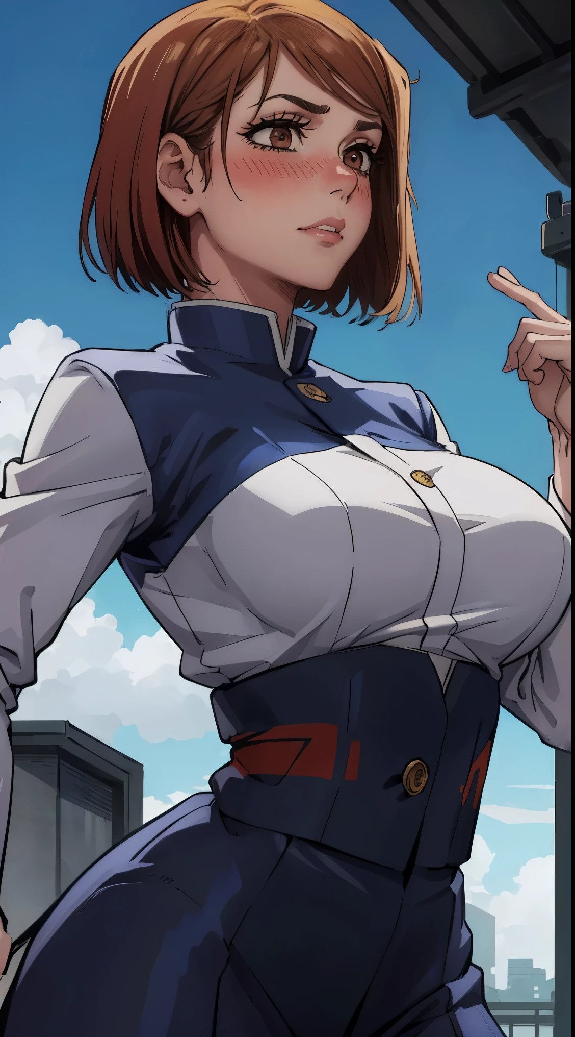 (best quality:1.3), (4K quality), Nobara Kugisaki by jujutsu no kaisen, (big breasts), sexy, (( cut hair )), ((blue sky))