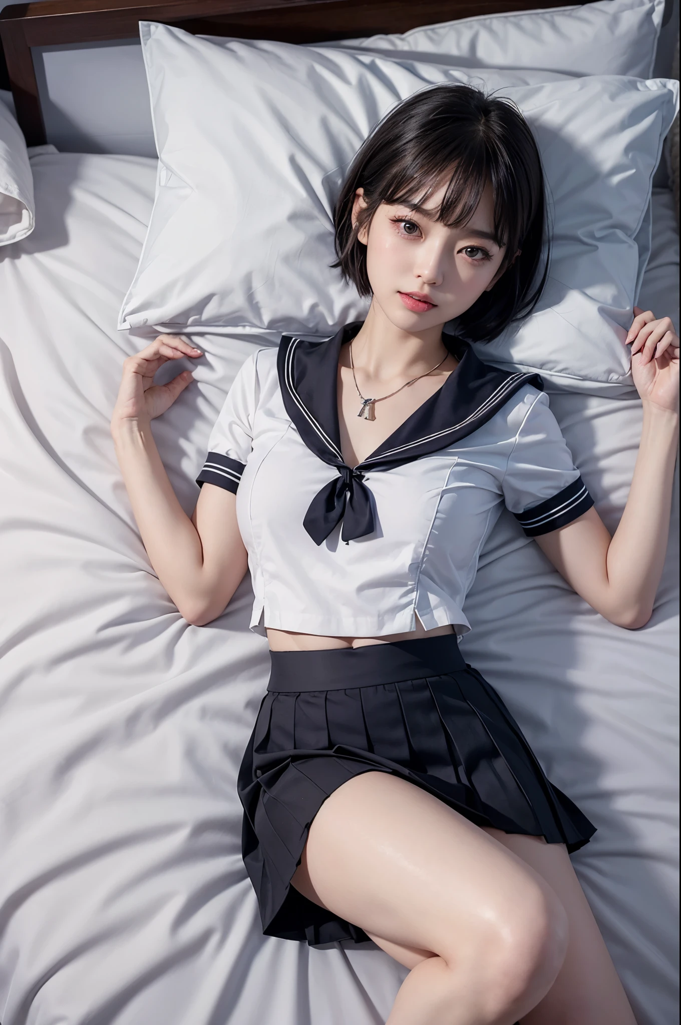 (short sleeve sailor suit:1.4)、（black pleated skirt:1.4）、Wear with stockings,（Showing off the inside of her skirt to the camera）、(lying on the bed:1.8)、On your back、（the skirt is turned up）、（I can see my pants:1.8）、((No makeup:1.2))、(realistic、Photoreal、super detailed、best detailed skins、highest quality、masterpiece、Super high resolution)、cute japanese woman、************、high school girl、young girl、1 girl、have bangs、double eyelid、purity、double teeth、realistic肌タイプ、fluffy hair、red cheeks、（black hair）、（bright girl&#39;s room）、bright atmosphere、8K RAW photo、High resolution、(very big round breasts:1.2)、beautiful eyes、detailed eyes、drawn in detail、long eyelashes、美しいdouble eyelid、beautiful and very thin legs、（Beautiful and very thin thighs）,simple necklace、short skirt、Quite embarrassed look、red cheeks,duck mouth、evil smile、evil look、beautiful and very thin legs、Beautiful and very thin thighs,（Angle from directly above）,The morning sun is shining、short bob hair