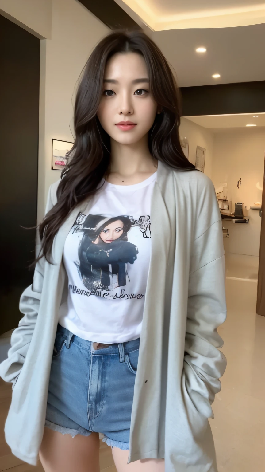 ((top-quality、8k、​masterpiece:1.3))、Beautiful woman with perfect body:1.4、slim abdomen:1.2、Longhair, normal breast, Highly detailed facial and skin texture, A detailed eye, delicate eyes, double eyelid, (smile), (full body shot), ((shopping mall)), (standing), (((wearing t-shirt with jacket))), looking in front