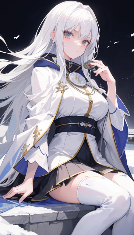 white hair,mature women,snow,night city,((best quality)), ((masterpiece)), perfect face,silver long hair,white cloak,White knee-length boots,(Highest quality),(works of masters),(8k wallpaper),(lens flare),(Poker face:1.2),(indifferent:1.2),silent,(Beautiful and delicate face:1.3)