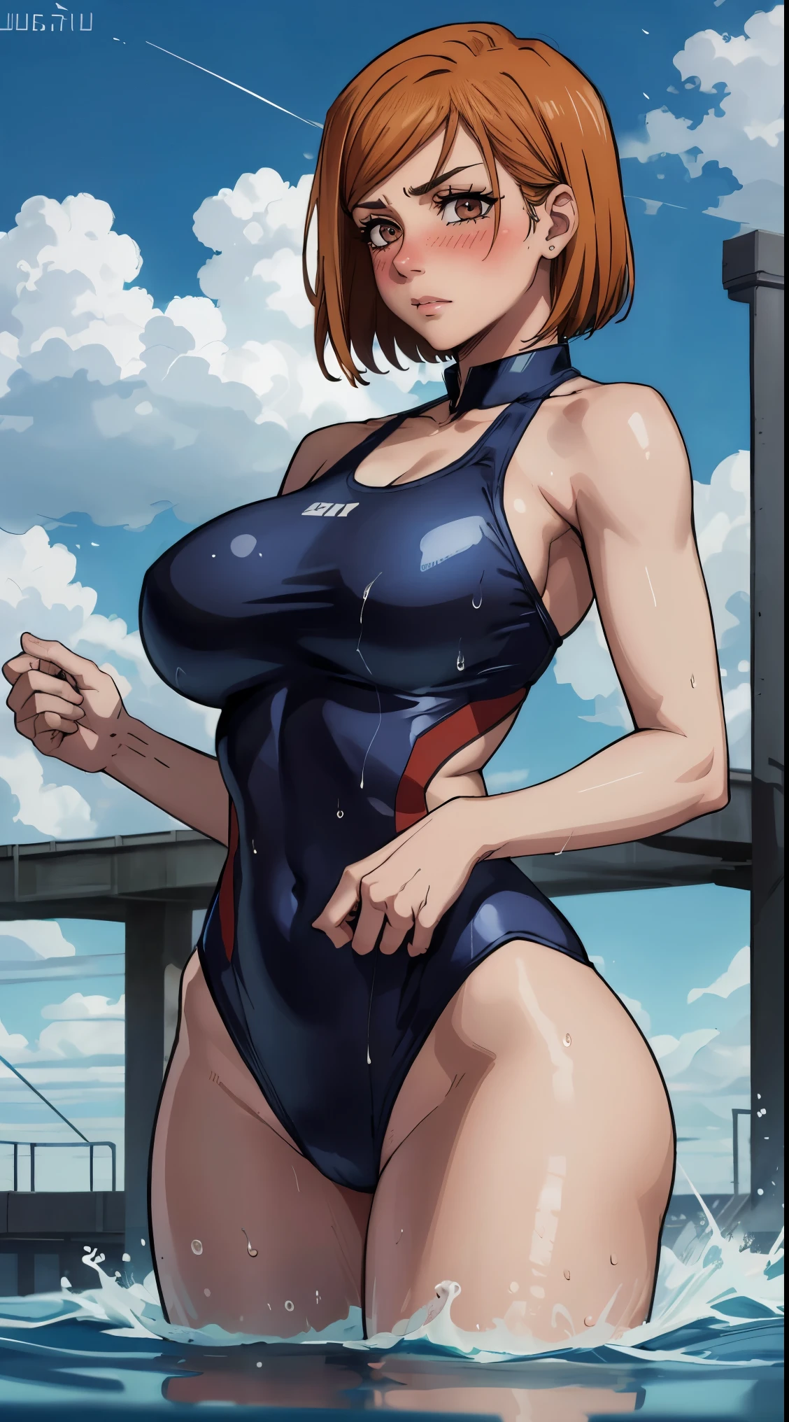 (best quality:1.3), (4K quality), Nobara Kugisaki by jujutsu no kaisen, (big breasts), sexy, (( cut hair )), ((blue sky)), one piece swim suit, transparent,  wet body