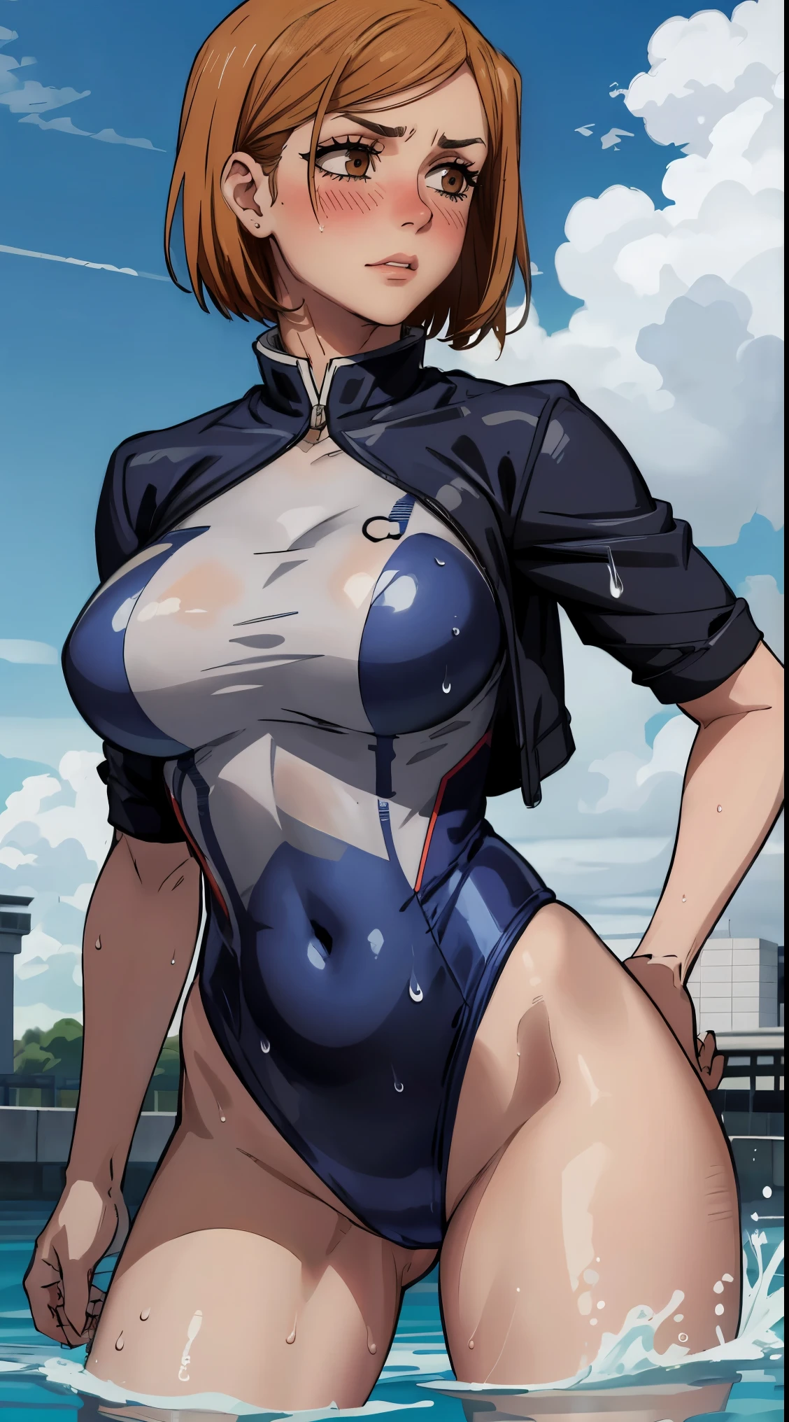 (best quality:1.3), (4K quality), Nobara Kugisaki by jujutsu no kaisen, (big breasts), sexy, (( cut hair )), ((blue sky)), one piece swim suit, transparent, wet body