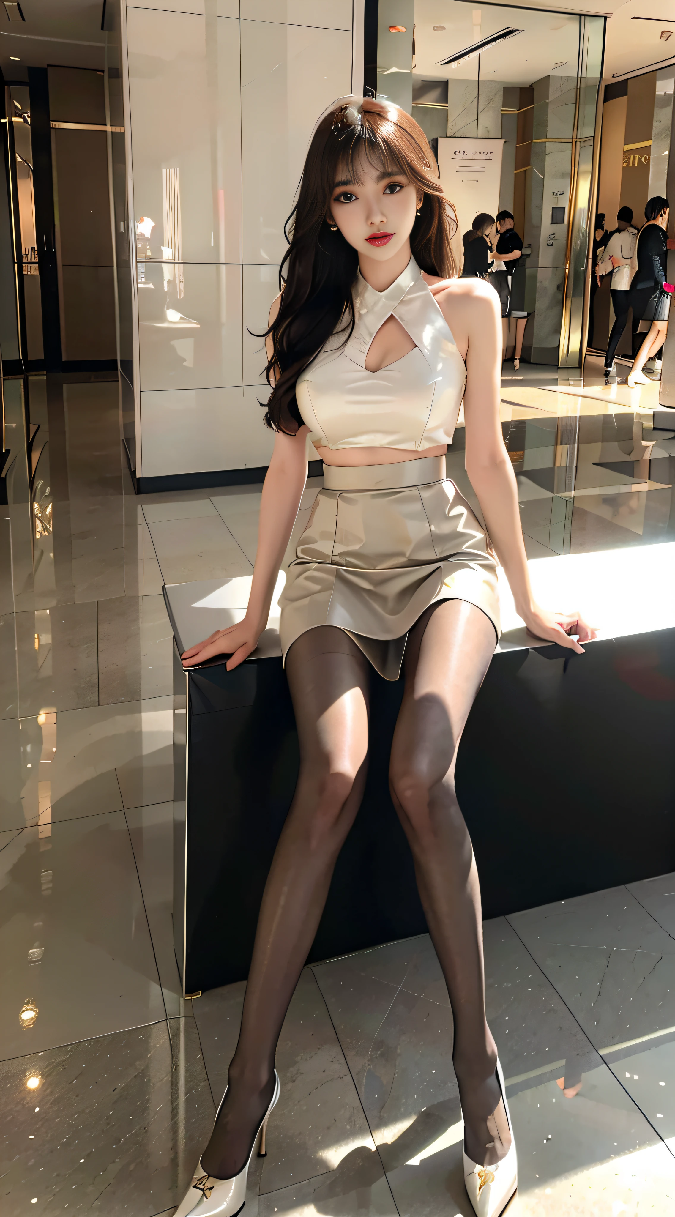 A ball head,Heavy makeup,Stiletto pointed toe high heels,Transparent colorless flesh silk pantyhose,earrings,long legs,8k,in mall,During the day,through bangs,floral skirt