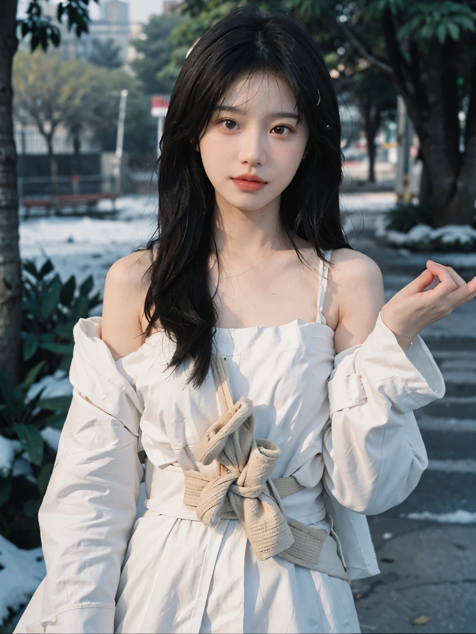 Film portrait photography, 2 girls, bare shoulders, Shoulder length wavy hair, white coat,Snow white sling, (Realistic and detailed eyes, natural skin texture, Realistic facial details),, depth of field, Bokeh, Vibrant details, Detailed and detailed, Surrealism, 35mm film, hazy, ,self-shot,
