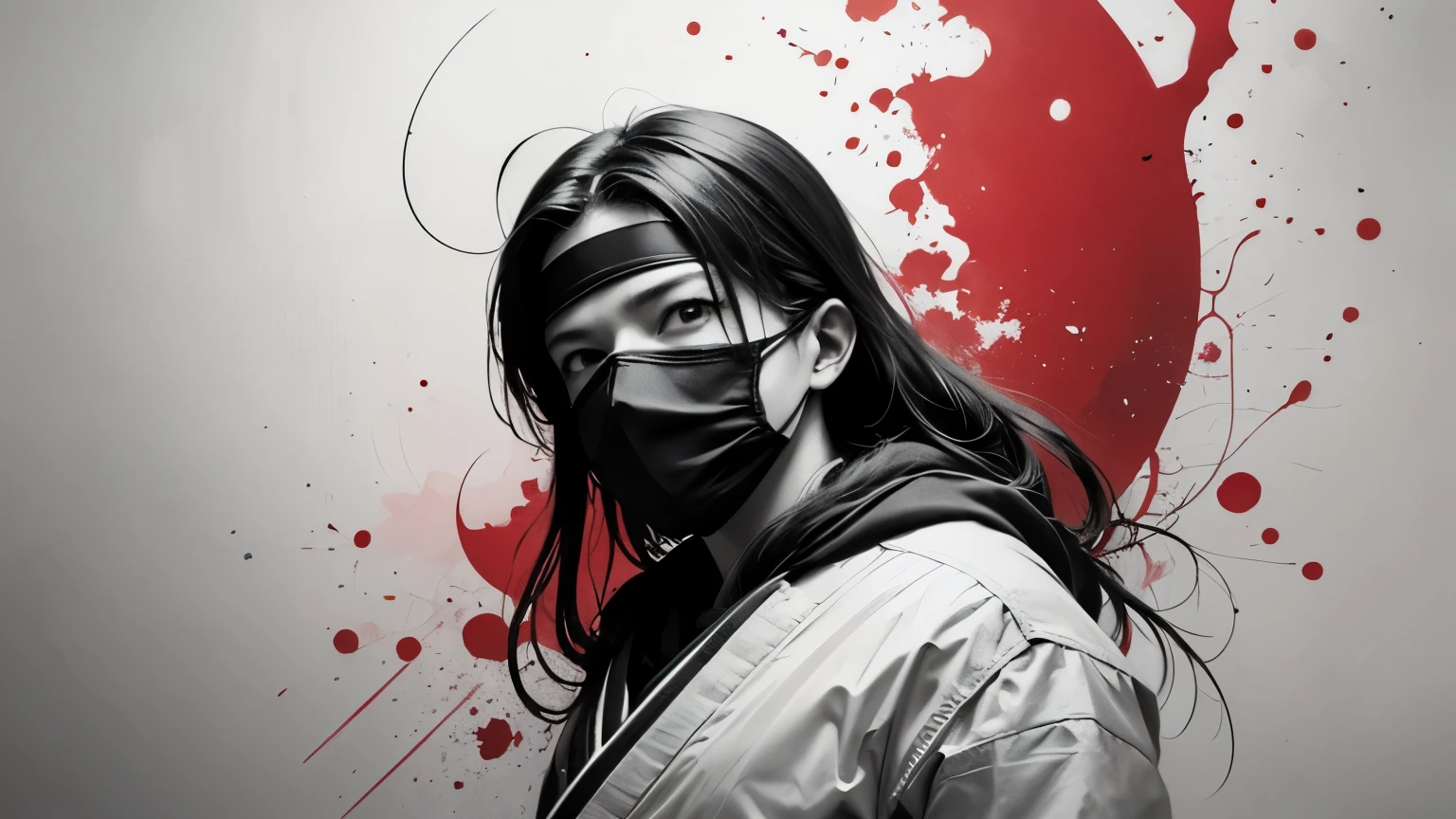Ninja masterpiece, by Ase Berg, High Contrast Color Detail, black and white and red, anime style, japanese theme, very detailed, super high quality, 16K, complex lighting, chiaroscuro, One color ink spot on a dim red background, Drawing stroke made with 0.5mm rotring pen
