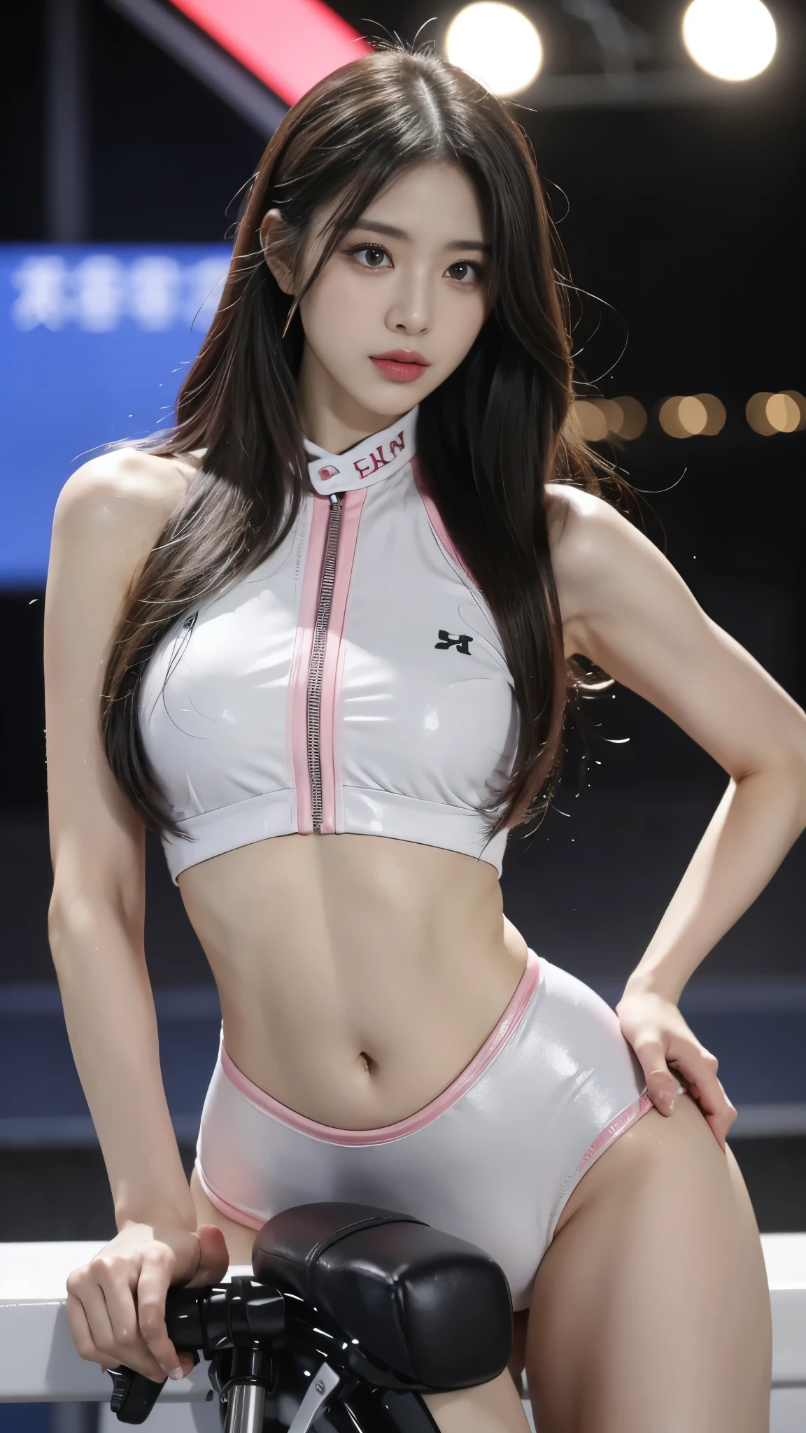 1 sister，Wear a tight pink and white racing suit，从头到big腿，Hold the handlebars of your motorcycle，(riding a motorcycle:1.2)，navel，Just look at the audience，midnight street，light，national foundation，（（best quality，8k，masterpiece：1.3））），clear focus：1.2，（layered pruning，big：1.2），Beautiful woman with perfect figure：1.4，slim abs：1.2，moist body：1.5，Highly detailed facial and skin textures，delicate eyes，double eyelids，long gray hair