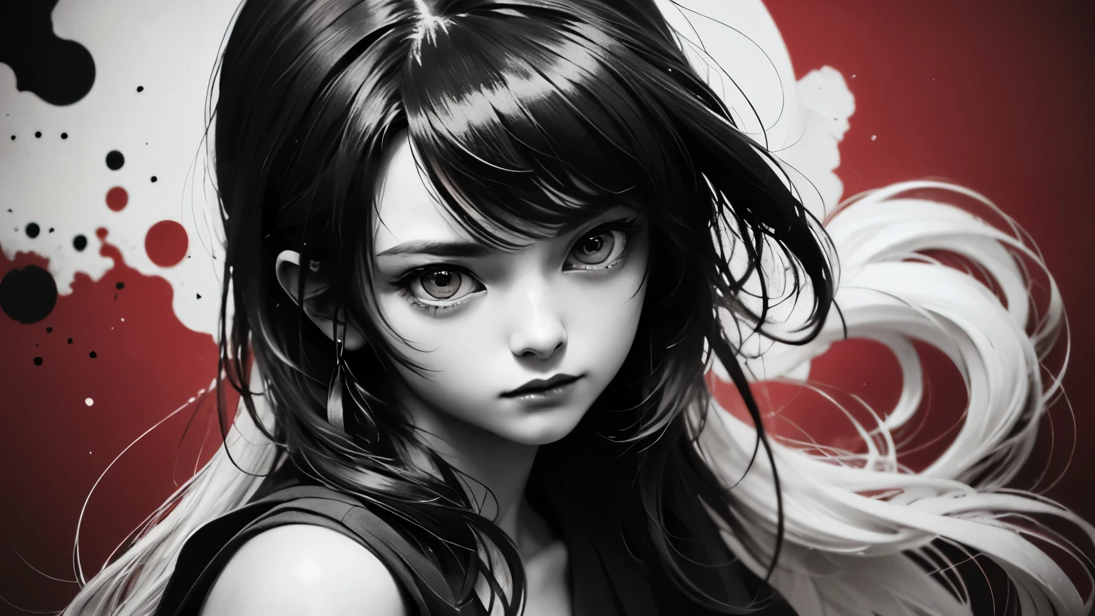 Ninja masterpiece, by Ase Berg, High Contrast Color Detail, black and white and red, anime style, japanese theme, very detailed, super high quality, 16K, complex lighting, chiaroscuro, One color ink spot on a dim red background, Drawing stroke made with 0.5mm rotring pen