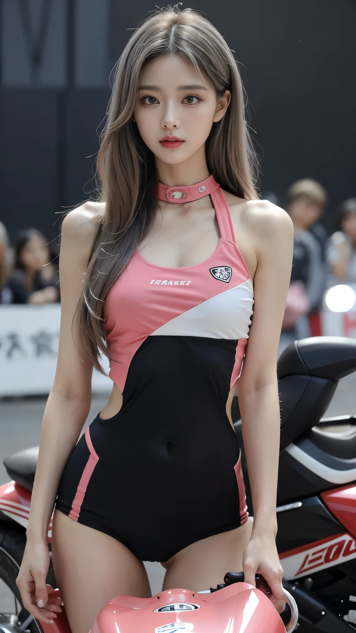 1 sister,Wear a tight pink and white racing suit,从头到big腿,Hold the handlebars of your motorcycle,(riding a motorcycle:1.2),navel,Just look at the audience,midnight street,light,national foundation,((best quality,8k,masterpiece:1.3))),clear focus:1.2,(layered pruning,big:1.2),Beautiful woman with perfect figure:1.4,slim abs:1.2,moist body:1.5,Highly detailed facial and skin textures,delicate eyes,double eyelids,long gray hair