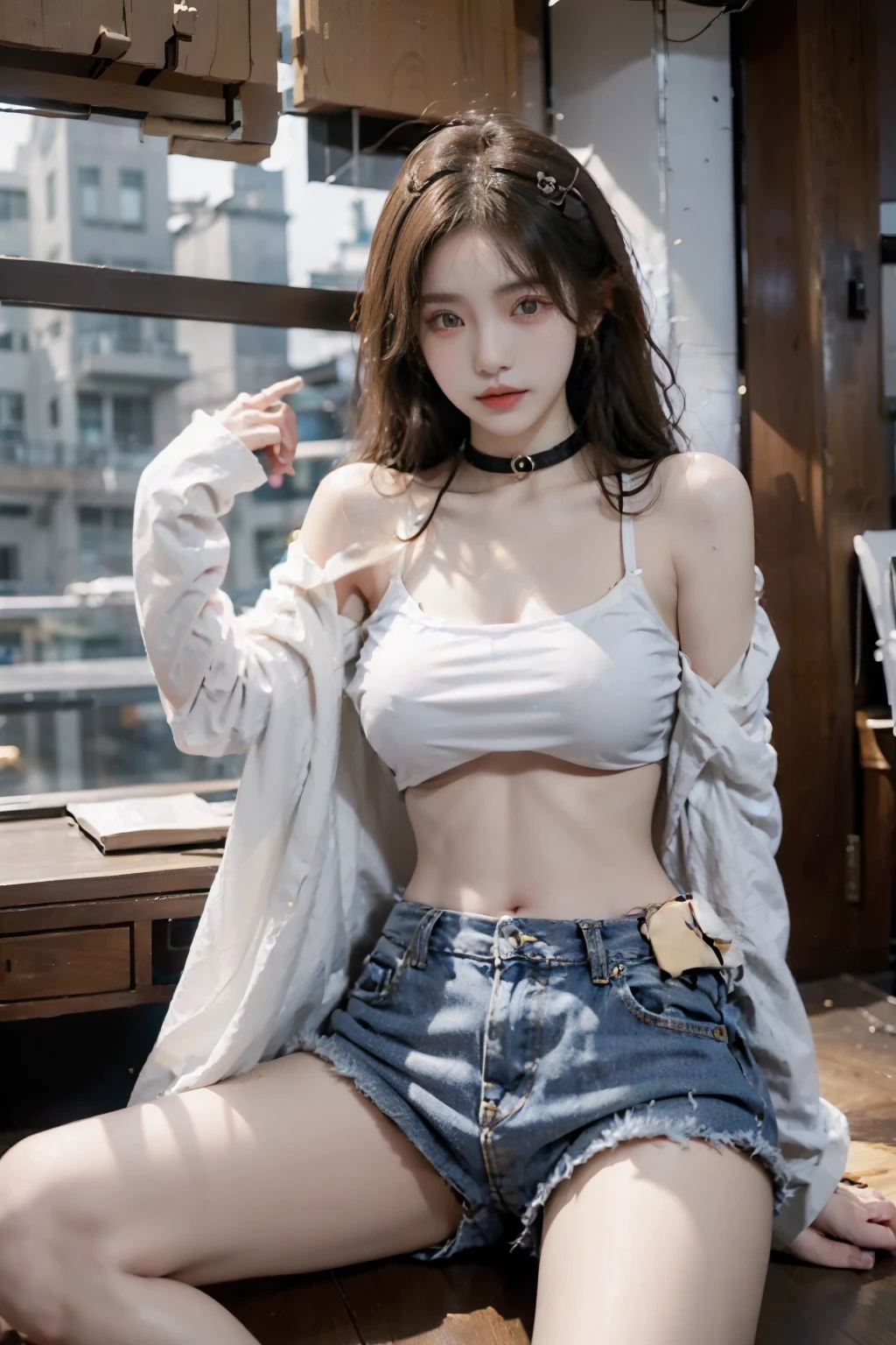 1girll, anime big breast_Coloring, black_Eyes, black_mitts, brown_Hair, choker necklace, Earrings, mitts, jewelry, letterboxed, Mimic, short_Hair, Smile, Solo, Style_Mimic, Aravi Asian women's denim bra top and denim shorts, Sexy girl, Gorgeous young Korean woman, Korean girl, 2 4 year old female model, gorgeous chinese models, photo of slim girl model, beautiful Korean women, Beautiful young Korean woman, photo of slim girl, Japanese model, Sexy look, Sexy body, Beautiful Asian girl, Sexy style, , Wear two-piece clothes, queen of the sea mu yanling, xintong chen, wenfei ye, gorgeous chinese models,, full-body xianxia, Attire:gorgeous chinese models, full-body xianxia, Chen Xintong exposed her abdomen,Abs,Huge bust,Fine face,Elaborate Eyes,,standing on your feet,lying down,sexyposture,Spread your legs apart,raised head,Look up,kneeling down,Short clothes,Open coat,Extra-short jeans,Mini-short denim skirt,whiteshortcoat,Black shorts,Wear it with pink clothes,covered mouth,Twist your body,Put your hands behind you,Cover your mouth with your hands