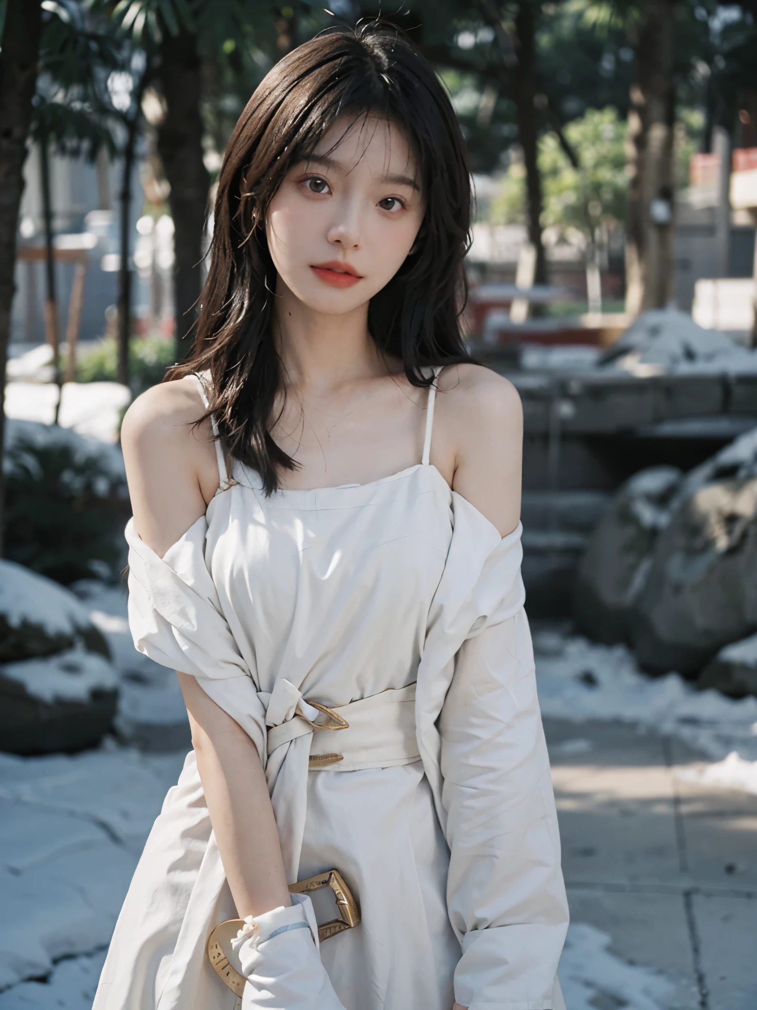 Film portrait photography, 2 girls, bare shoulders, Shoulder length wavy hair, white coat,Snow white sling, (Realistic and detailed eyes, natural skin texture, Realistic facial details),, depth of field, Bokeh, Vibrant details, Detailed and detailed, Surrealism, 35mm film, hazy, ,self-shot,