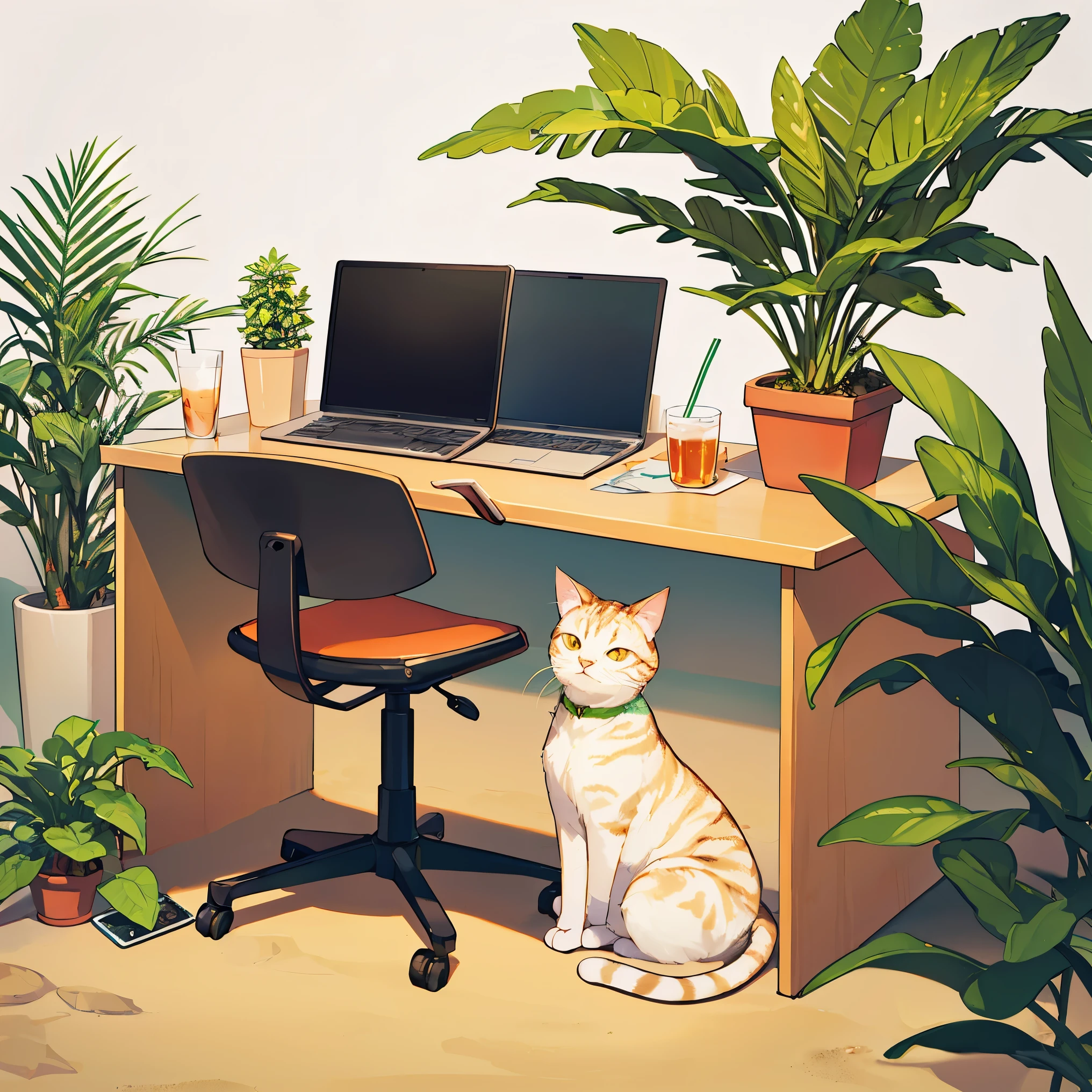 Slight retro color, flat, grainy, riso print style, illustration, cute, white space, low saturation, animal, beach, cat, chair, computer, cup, drink, drinking glass, drinking straw, flower, food, ice, ice cube, leaf, mug, no humans, orange background, palm tree, pencil, plant, potted plant, sand, table, tree, solo, sitting, cup, no humans, shadow, animal, leaf, chair, phone, cat, cellphone, plant, orange background, potted plant, lamp, animal focus, whiskers