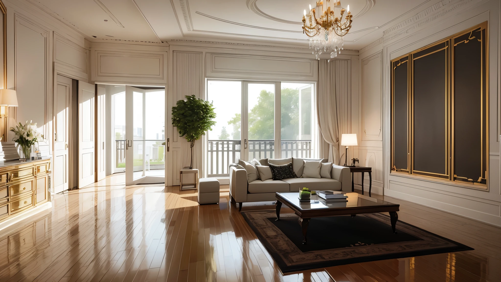 You are a famous interior designer、You have been asked to create a 3D image of a modern large room. Create a harmonious environment with modern and minimalist furniture. Including garden interior.