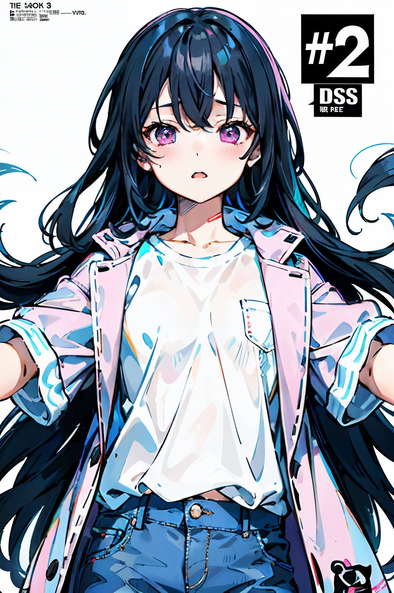 Maximalism artstyle、neon theme、悬浮font［［Ranqi］］suprerralistic、masterpiece，best quality，stills， High definition，1 girl，黑长的hair，Pink eyes，Pink long-sleeved coat，Short sleeves in white，Gray jeans，、Ultra-detailed、super quality、、Beautiful colors、hair、、1girlkawaii、、、high detail、high quality、backlight、、upper part of body、high quality、Game characters，pink eyes，pink jacket、white jean，upper part of body、white shirt，黑色background、长hair、1girl floating、、looking at the audience、put down your arms、黑色background、background、long black hair，long black hair，radial lighting、Abstract、[[一只眼睛上方的hair]]、gloomy
(Magazine:1.3), (cover type:1.3), woman, with vitality, posture, ahead, rich and colorful, Dynamic, background与, element, I am very confident, expressive,, statement, Surroundings, touch, on site, text, cover,grab attention, title, font, catchy, title, big deal, touching, modern, trend, focus, kind