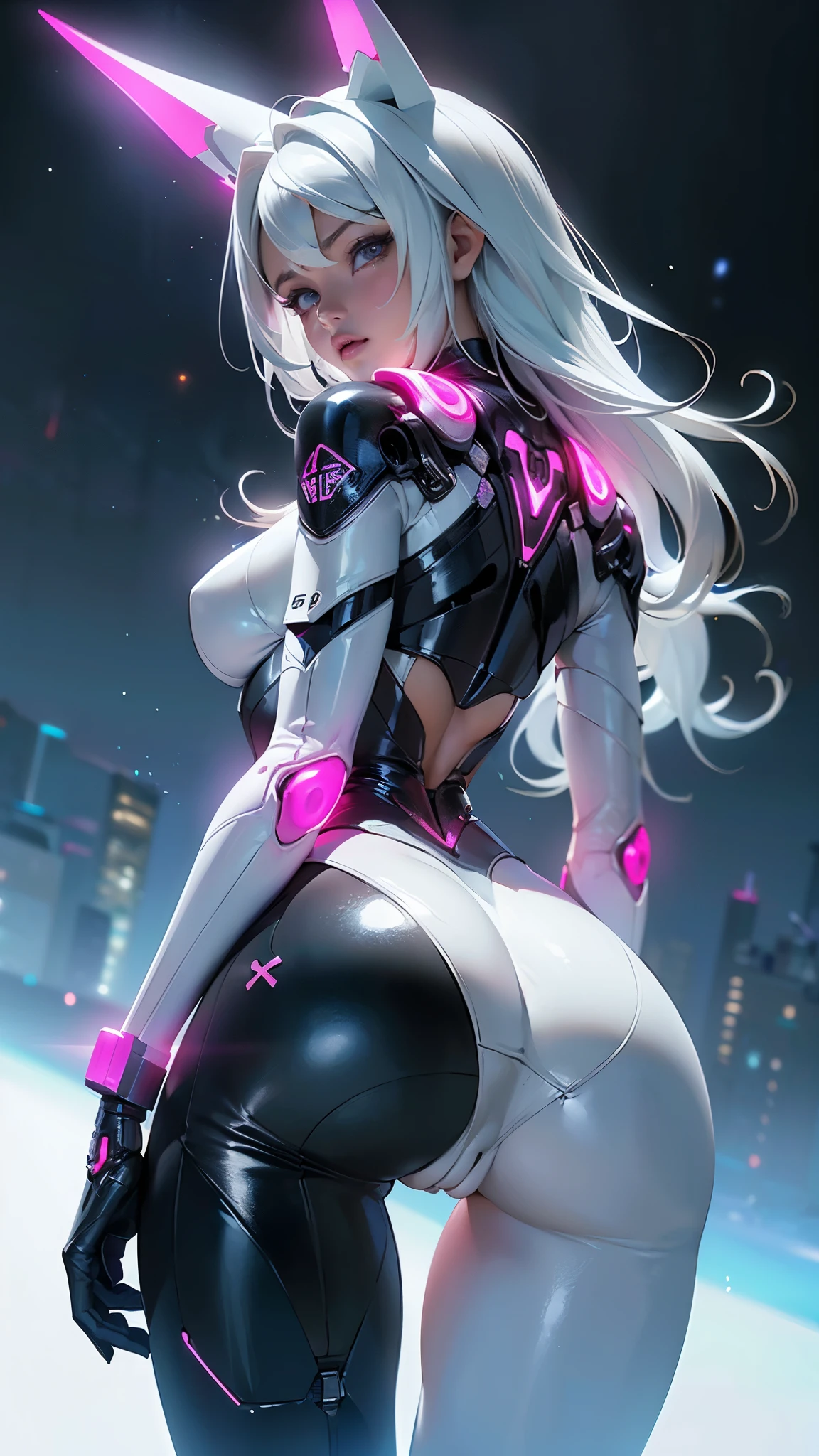 (rear view, backside view),the highest quality))、((Obra maestra)、ciberpunk、big glutes、arrodillarse、Electronic visor attached to the face of a with emphasis on the buttocks、Red latex body,Moda cyberpunk、pose sexy、(Usar polainas amarillas en la parte inferior del cuerpo、Agrandamiento de los senos、Neon lights in the dark city at night,Motor irreal:1.4,HD,La Mejor calidad:1.4, fotorrealista:1.4, textura de la piel:1.4, Obra maestra:1.8,Obra maestra, Mejor calidad,(beautiful and detailed description of the eye),( neon pink cyborg),(perfect anatomy),(convexo ,Dedos detallados),white cyborg latex bodysuit,, (perfect anatomy), (no mutations anatomy), (cabello white:1.4), (fondo ciudad Tokio ciberpunk noche:1.4), (caderas anchas trasero hermoso:1.4 ), (mostrando su culo),( mostrando su vagina:1.4 ), (WetAndPissy:1.4) (mostrando vagina hinchada:1.4)